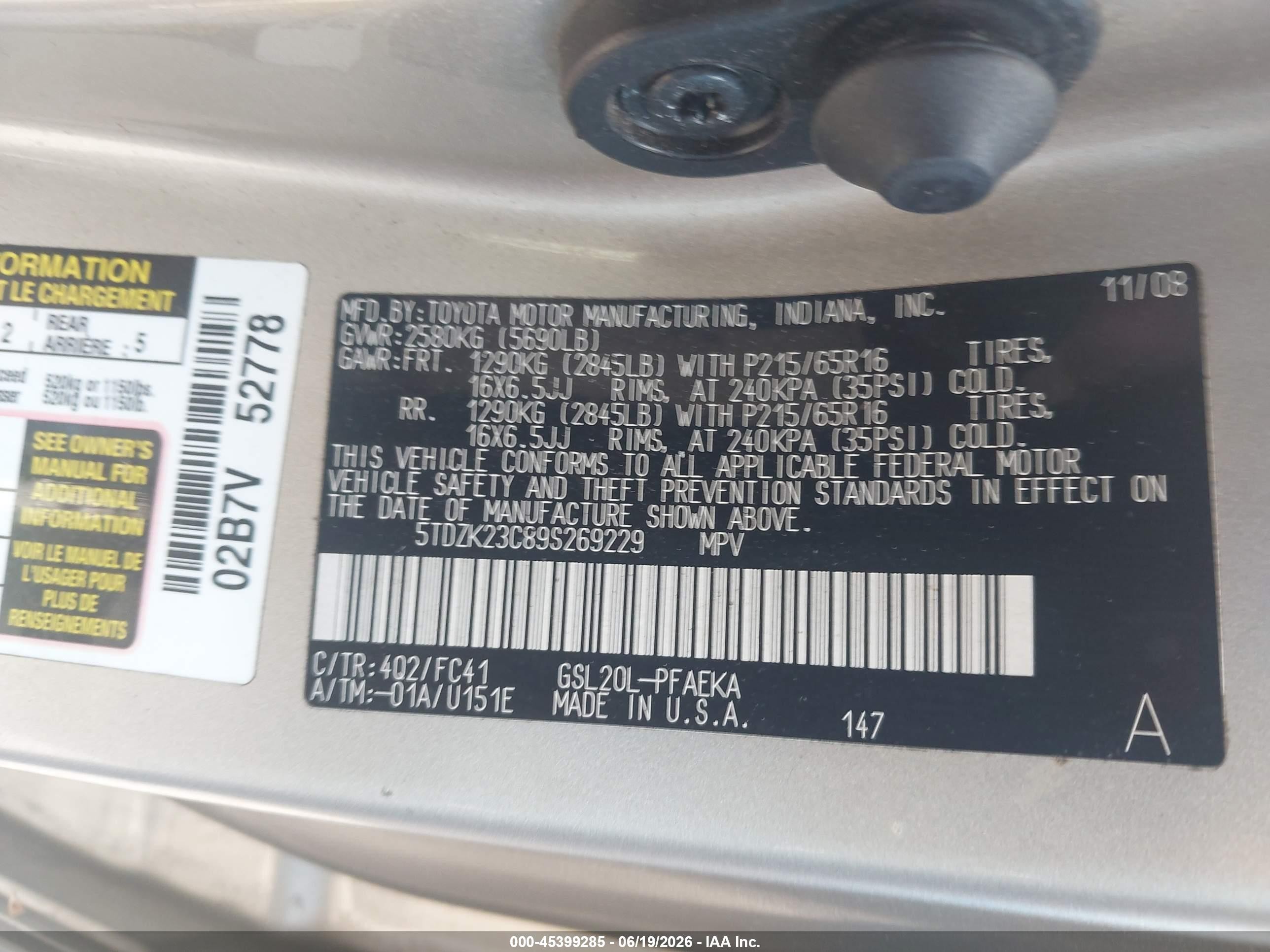2009 Toyota Sienna Le Gold vin: 5TDZK23C89S269229