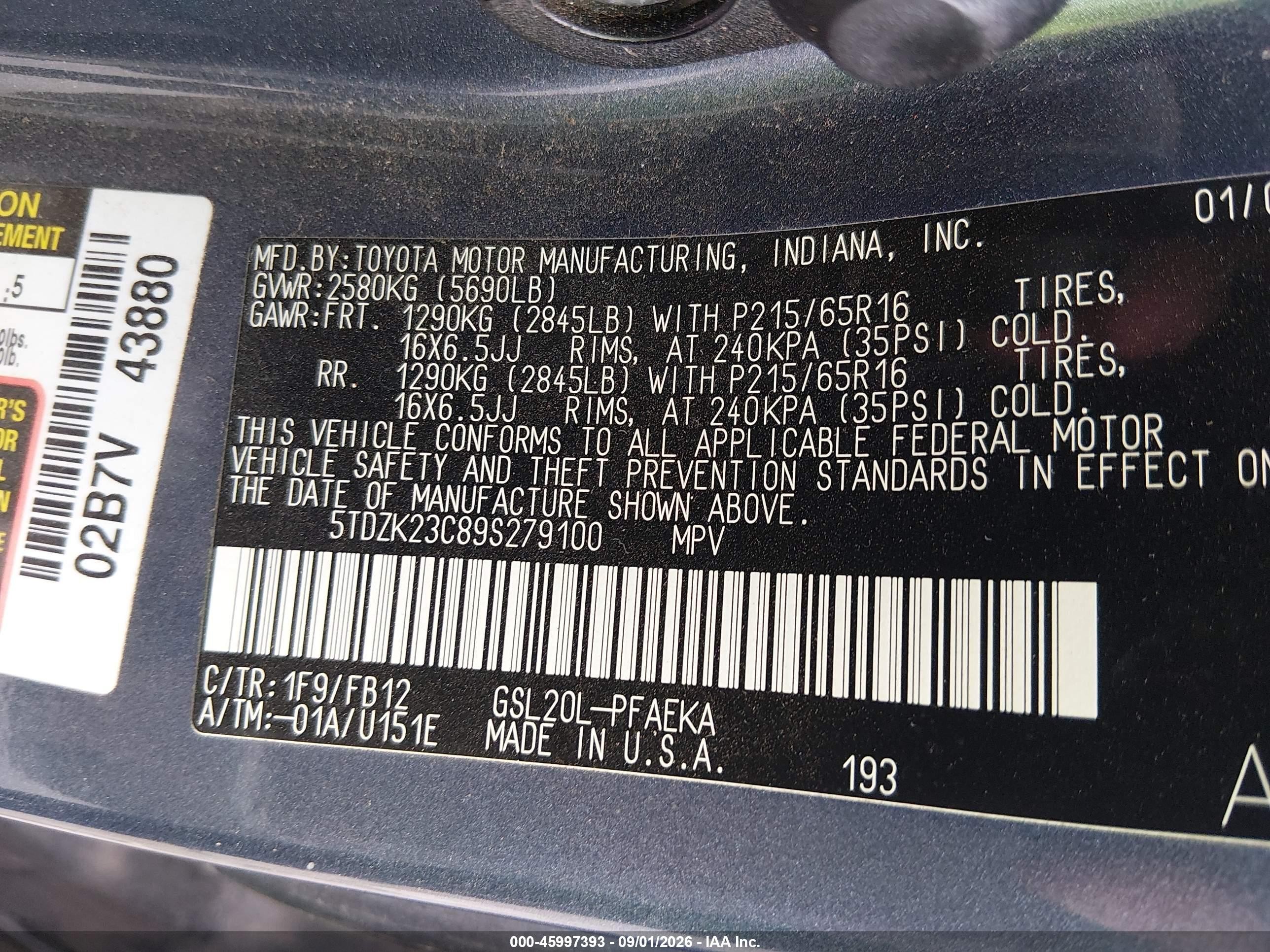2009 Toyota Sienna Ce Blue vin: 5TDZK23C89S279100