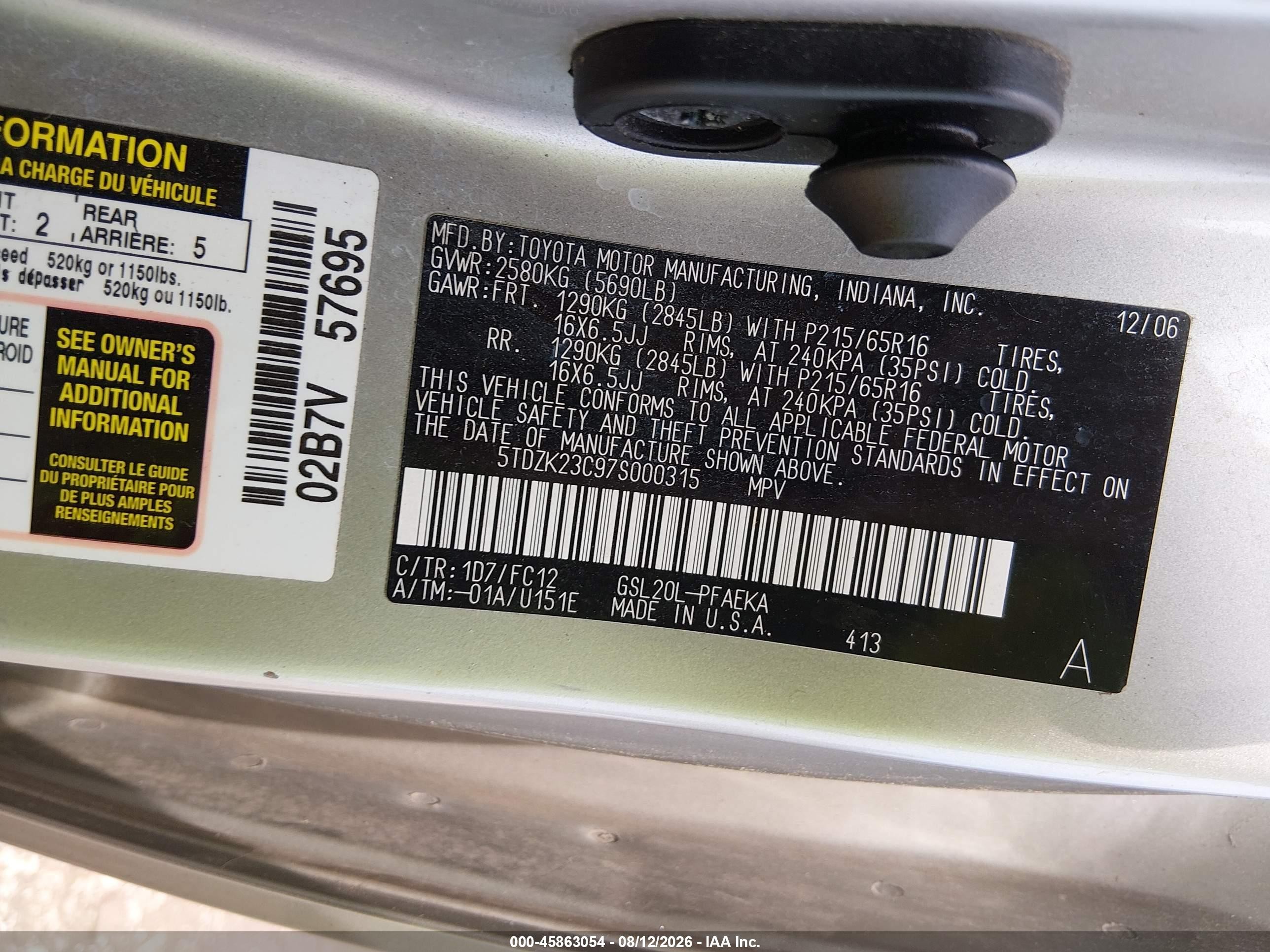 2007 Toyota Sienna Le Gray vin: 5TDZK23C97S000315