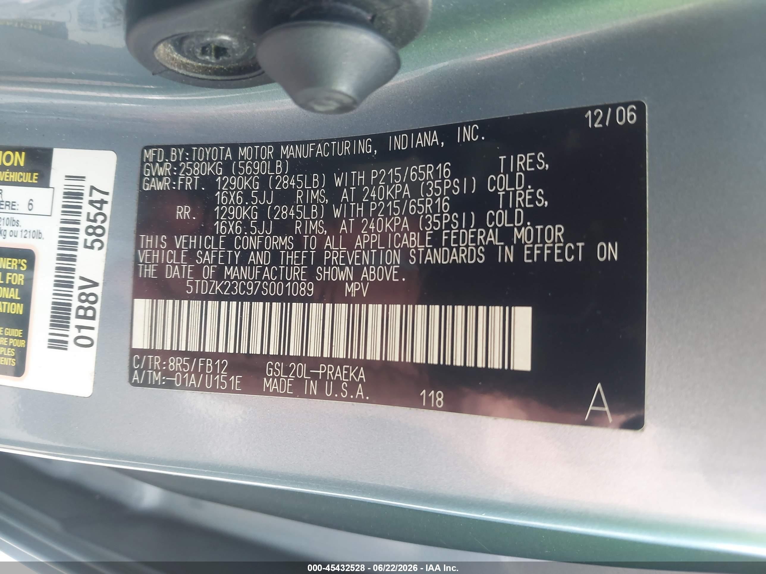 2007 Toyota Sienna Ce Blue vin: 5TDZK23C97S001089