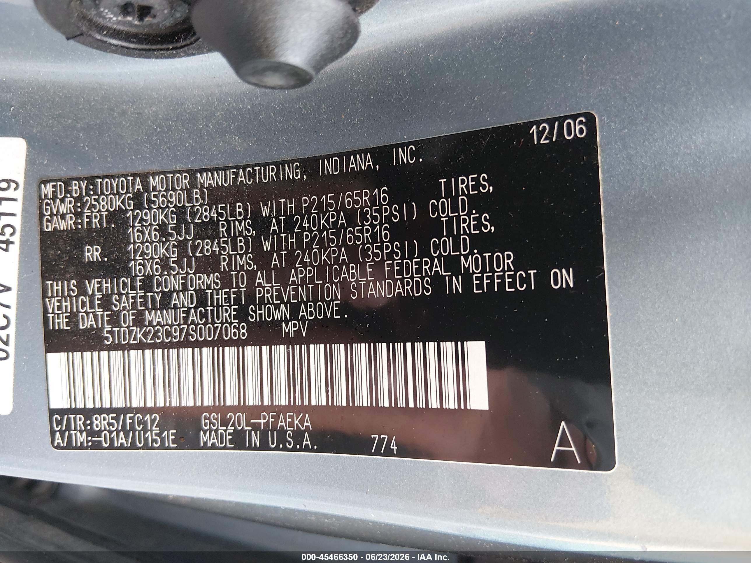 2007 Toyota Sienna Le Light Blue vin: 5TDZK23C97S007068