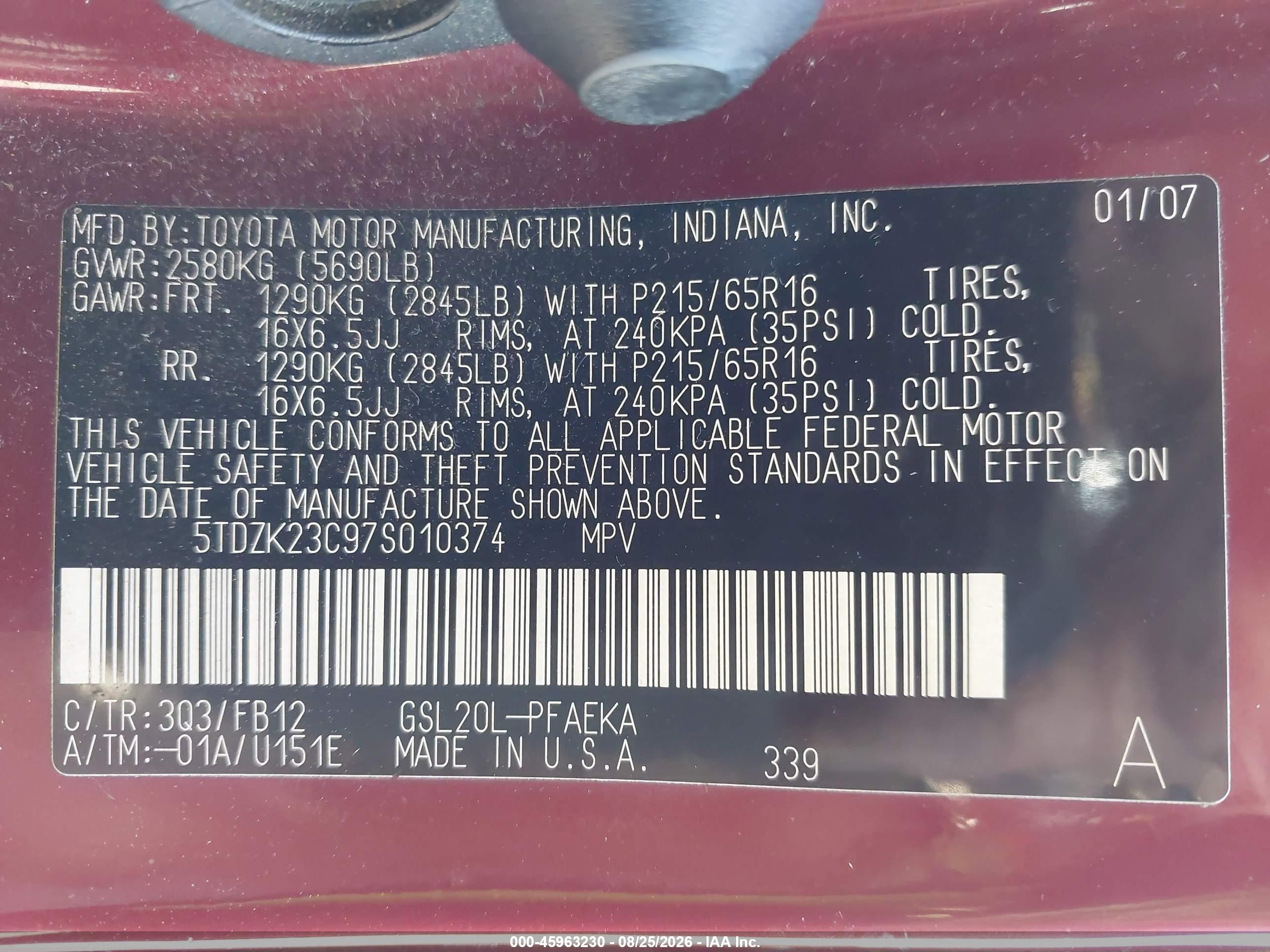 2007 Toyota Sienna Ce Burgundy vin: 5TDZK23C97S010374