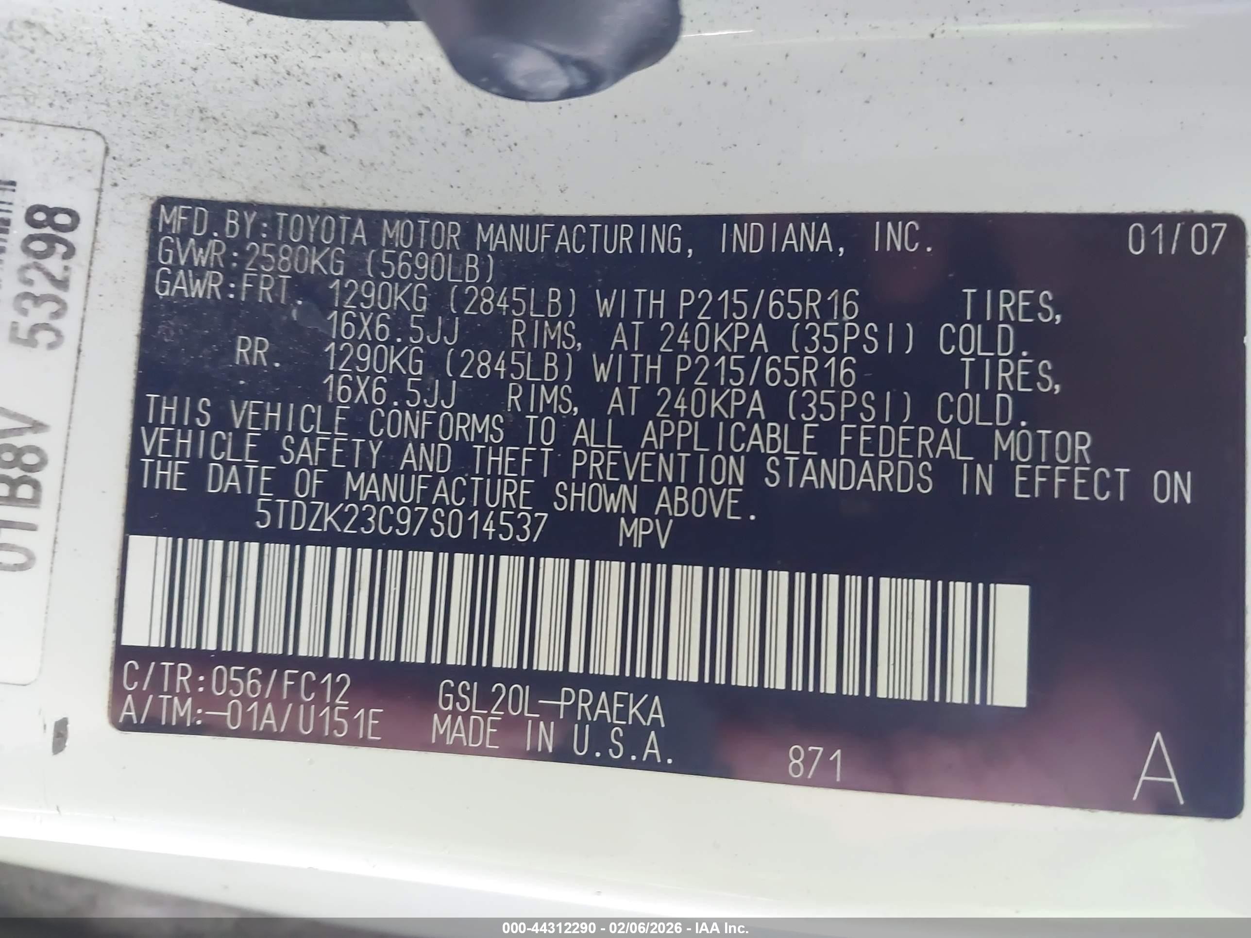 2007 Toyota Sienna Le White vin: 5TDZK23C97S014537