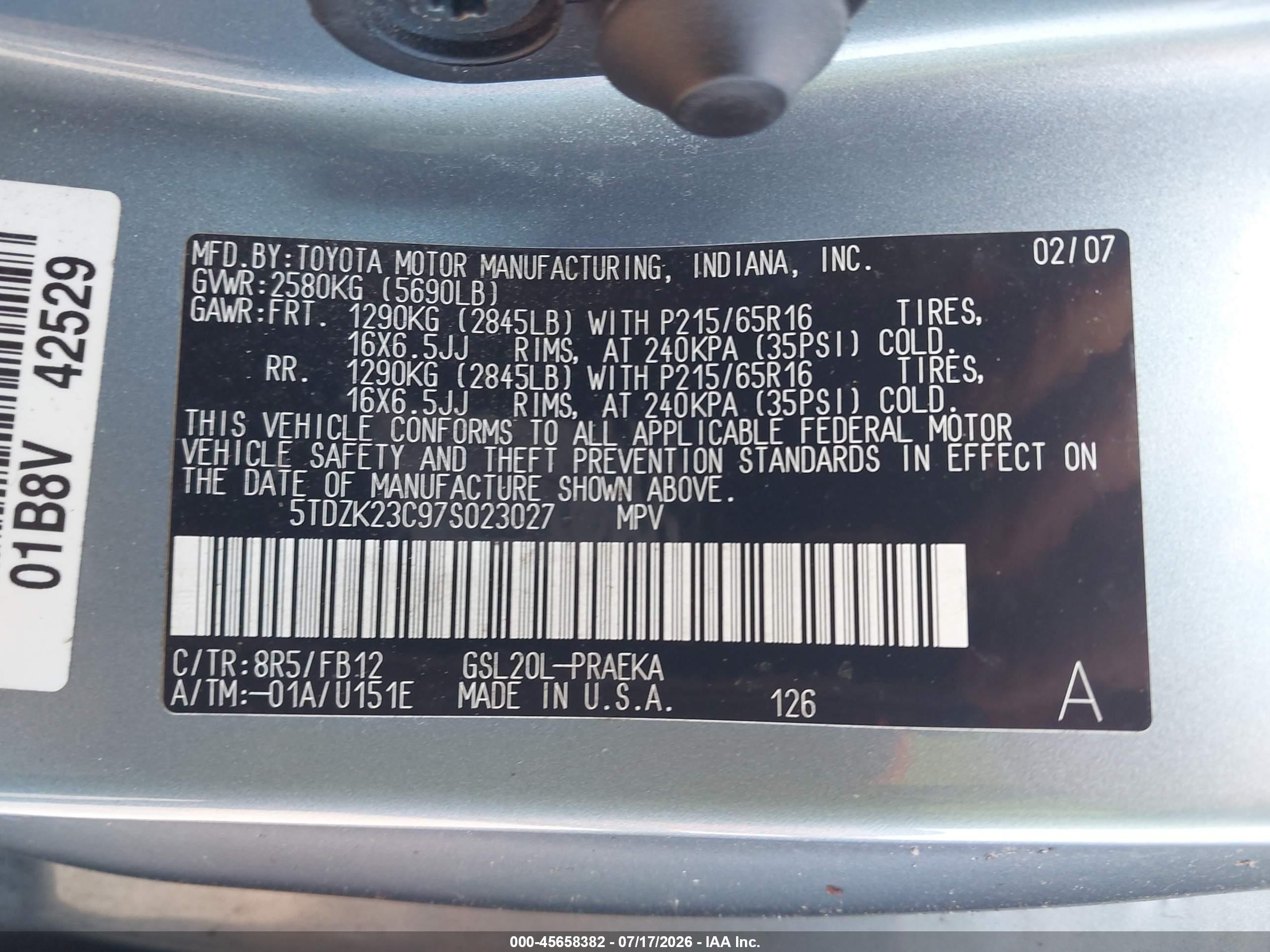 2007 Toyota Sienna Ce Light Blue vin: 5TDZK23C97S023027