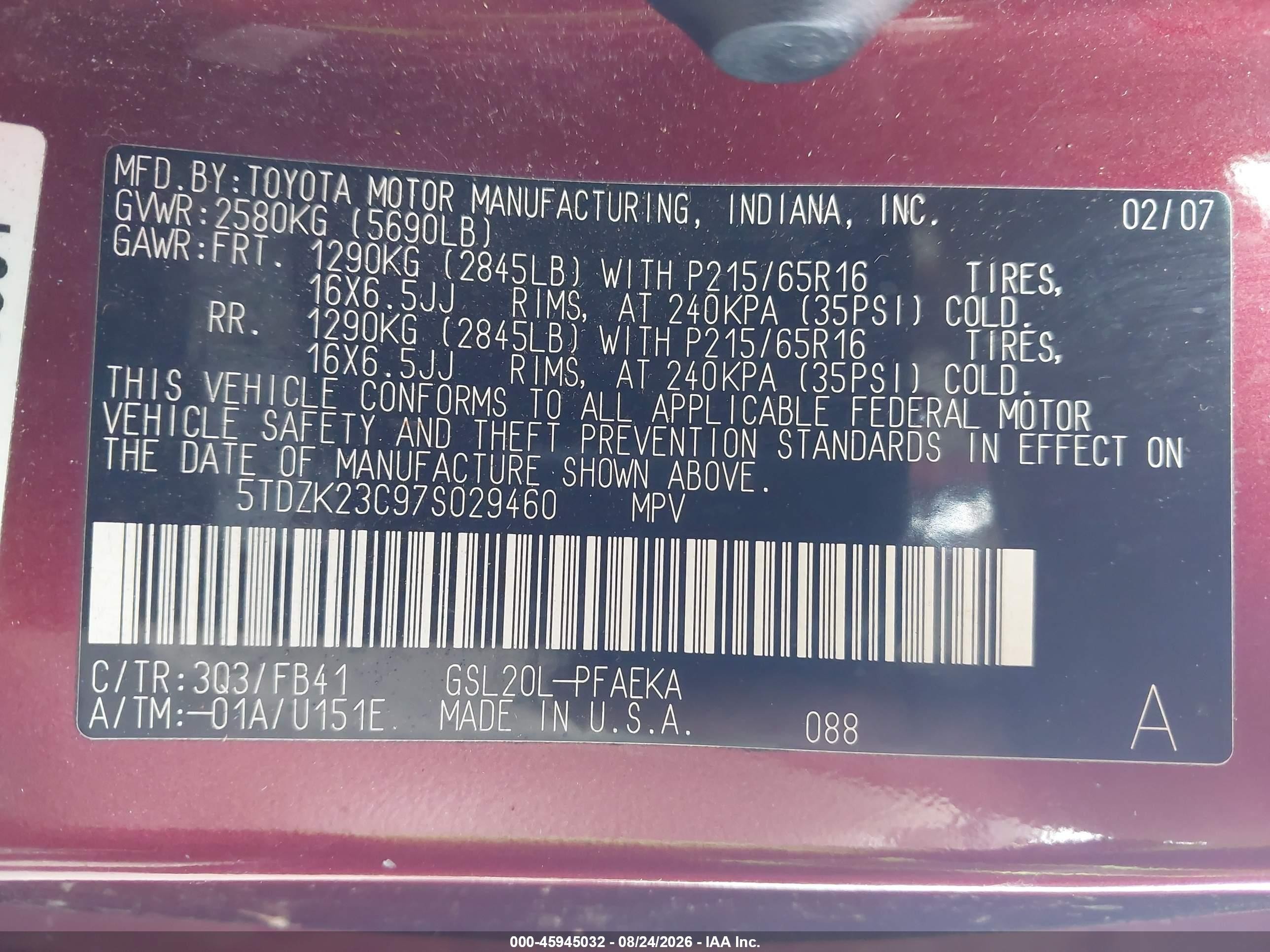 2007 Toyota Sienna Ce Red vin: 5TDZK23C97S029460