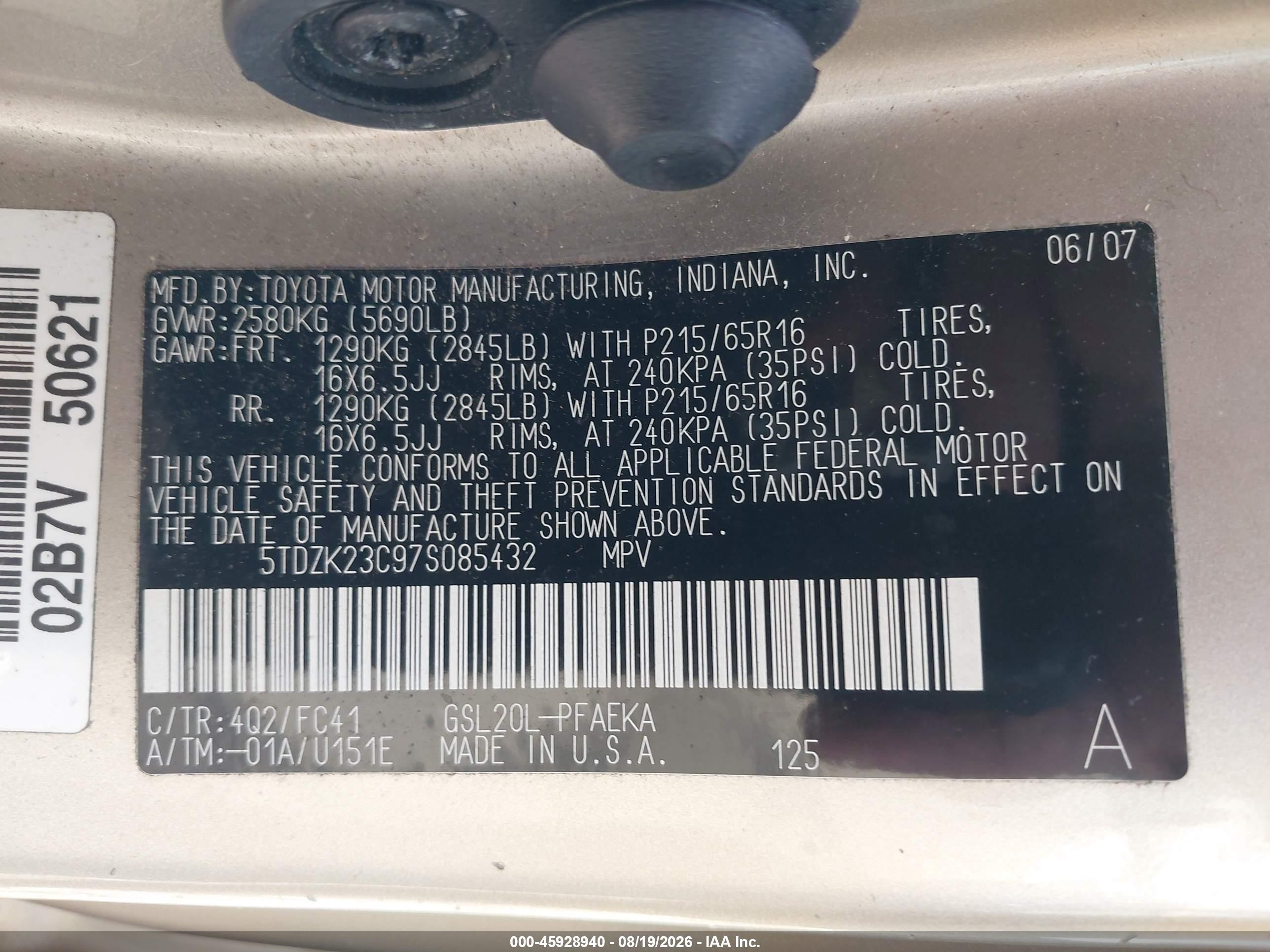 2007 Toyota Sienna Le Gold vin: 5TDZK23C97S085432