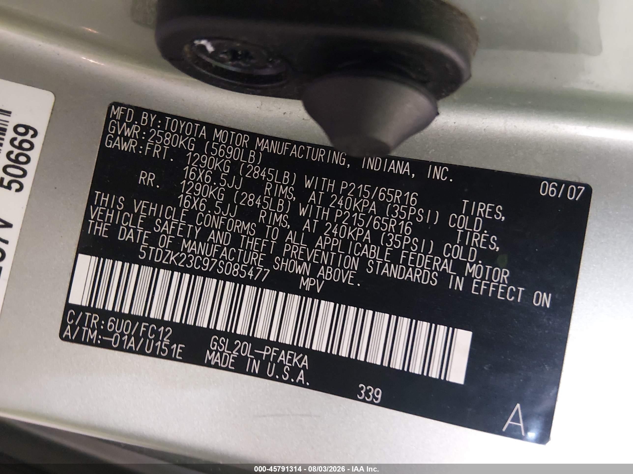 2007 Toyota Sienna Le Green vin: 5TDZK23C97S085477