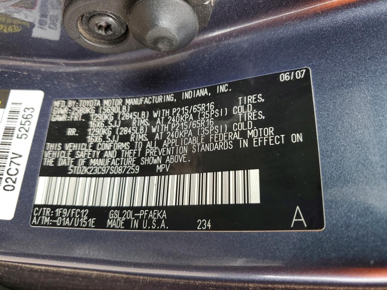 2007 Toyota Sienna Le 7-passenger Blue vin: 5TDZK23C97S087259