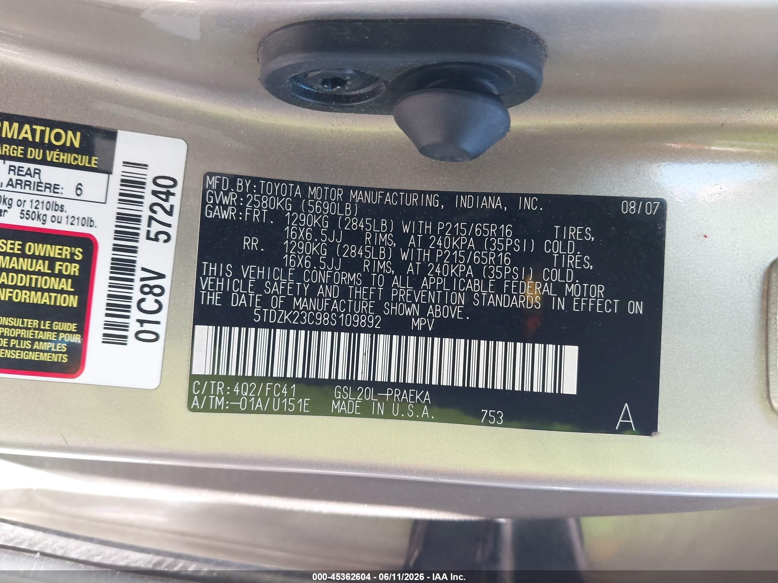 2008 Toyota Sienna Le Gold vin: 5TDZK23C98S109892