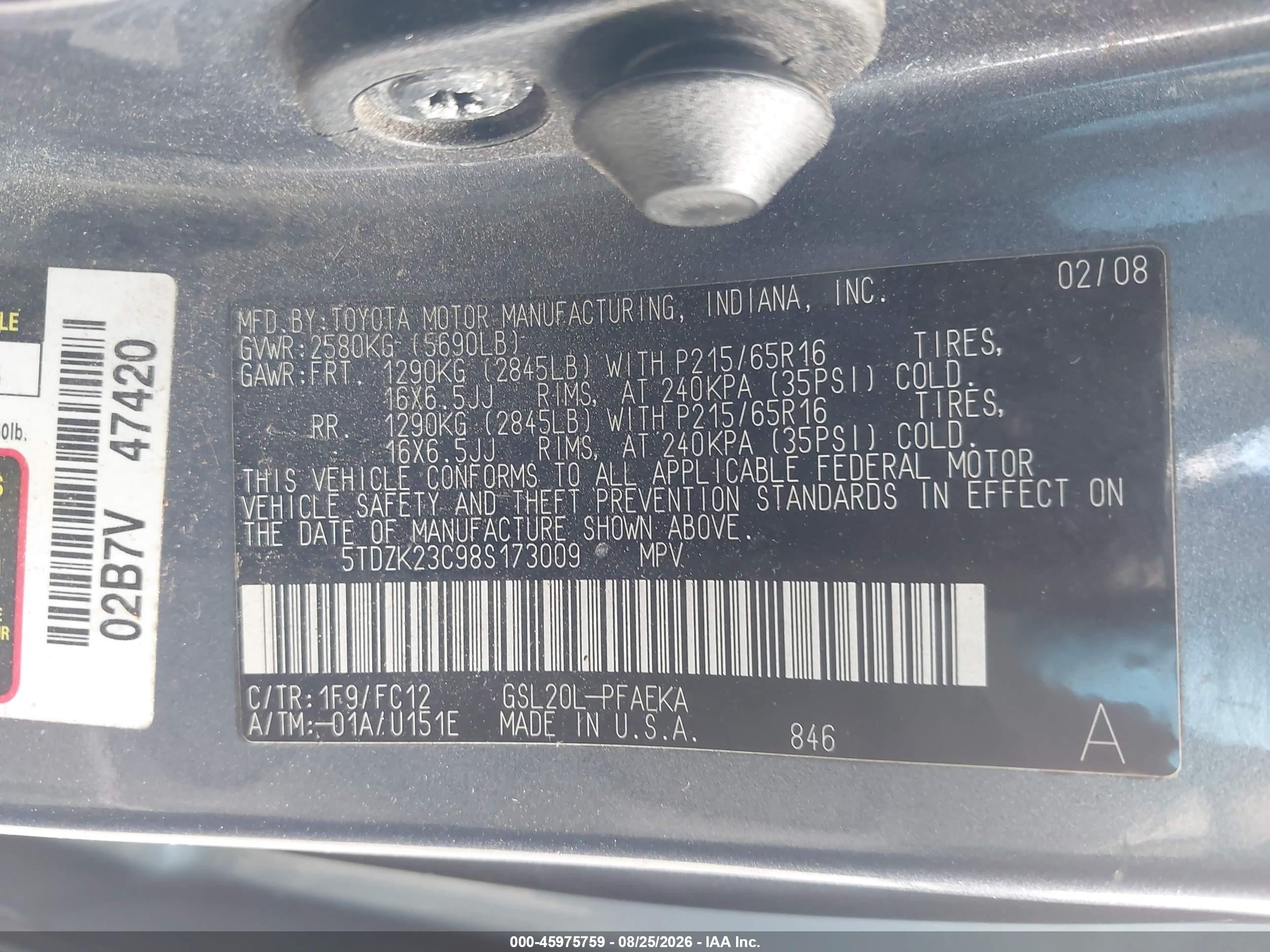 2008 Toyota Sienna Le Navy vin: 5TDZK23C98S173009