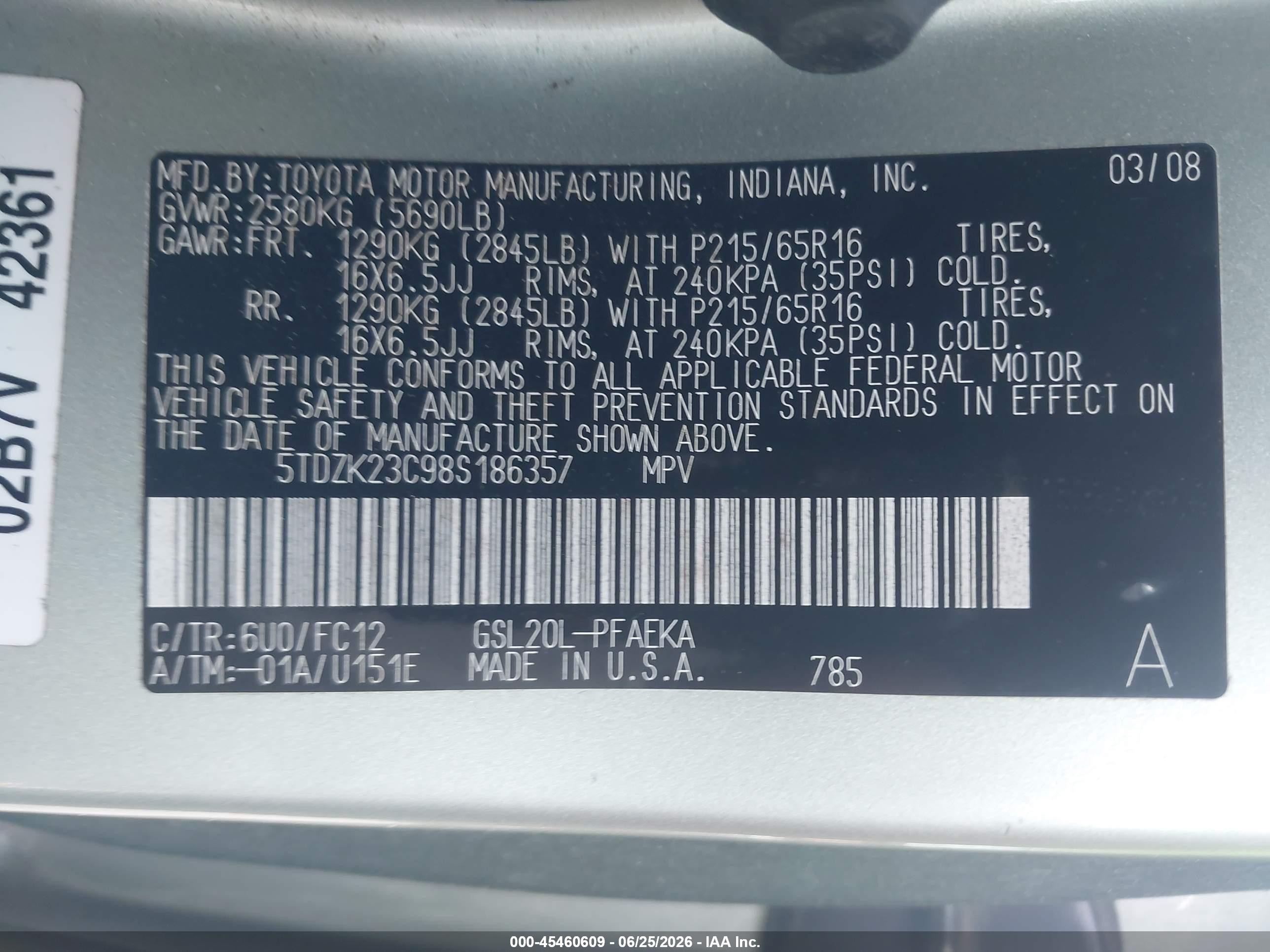2008 Toyota Sienna Le Green vin: 5TDZK23C98S186357