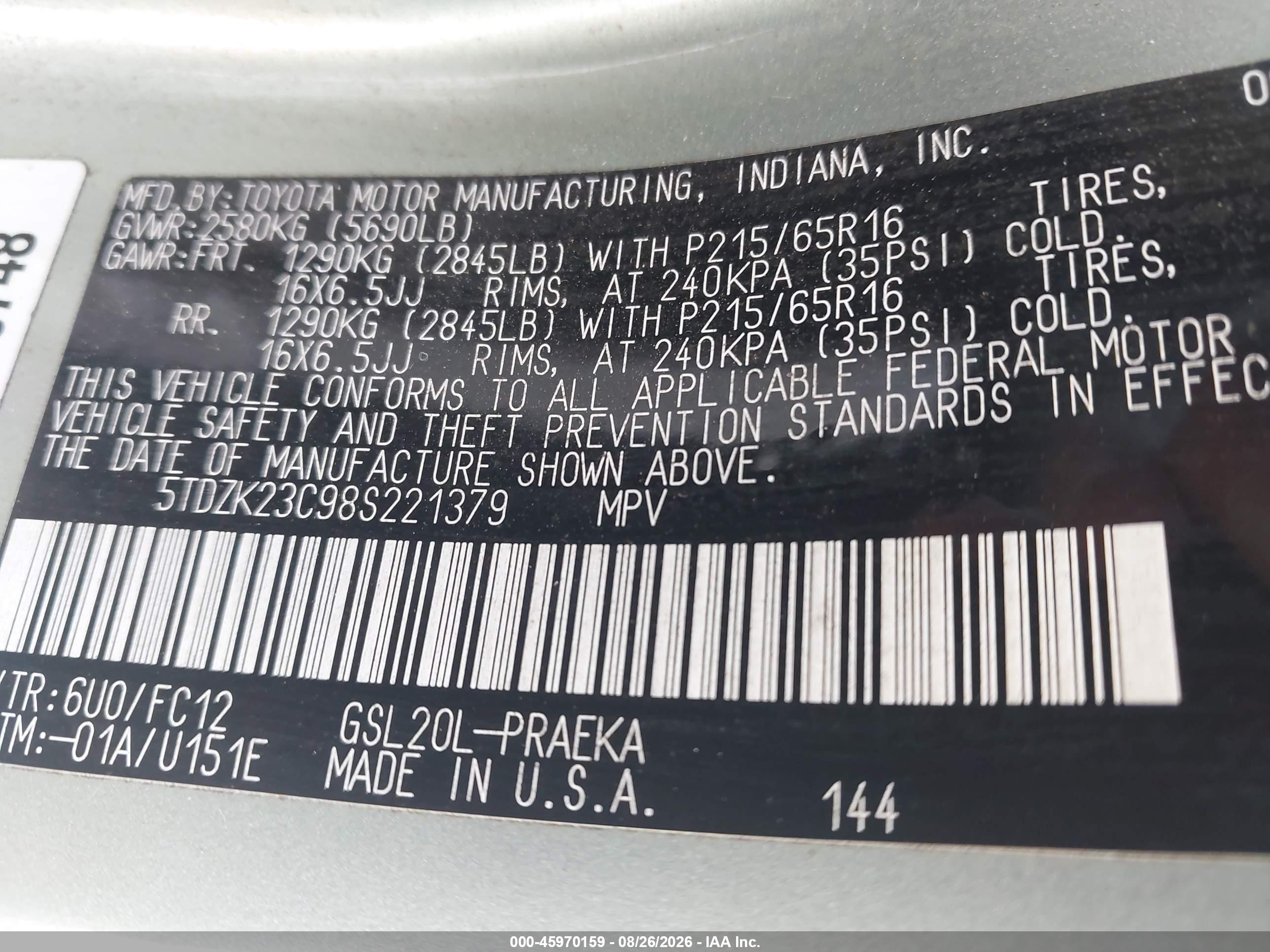 2008 Toyota Sienna Le Зеленый vin: 5TDZK23C98S221379