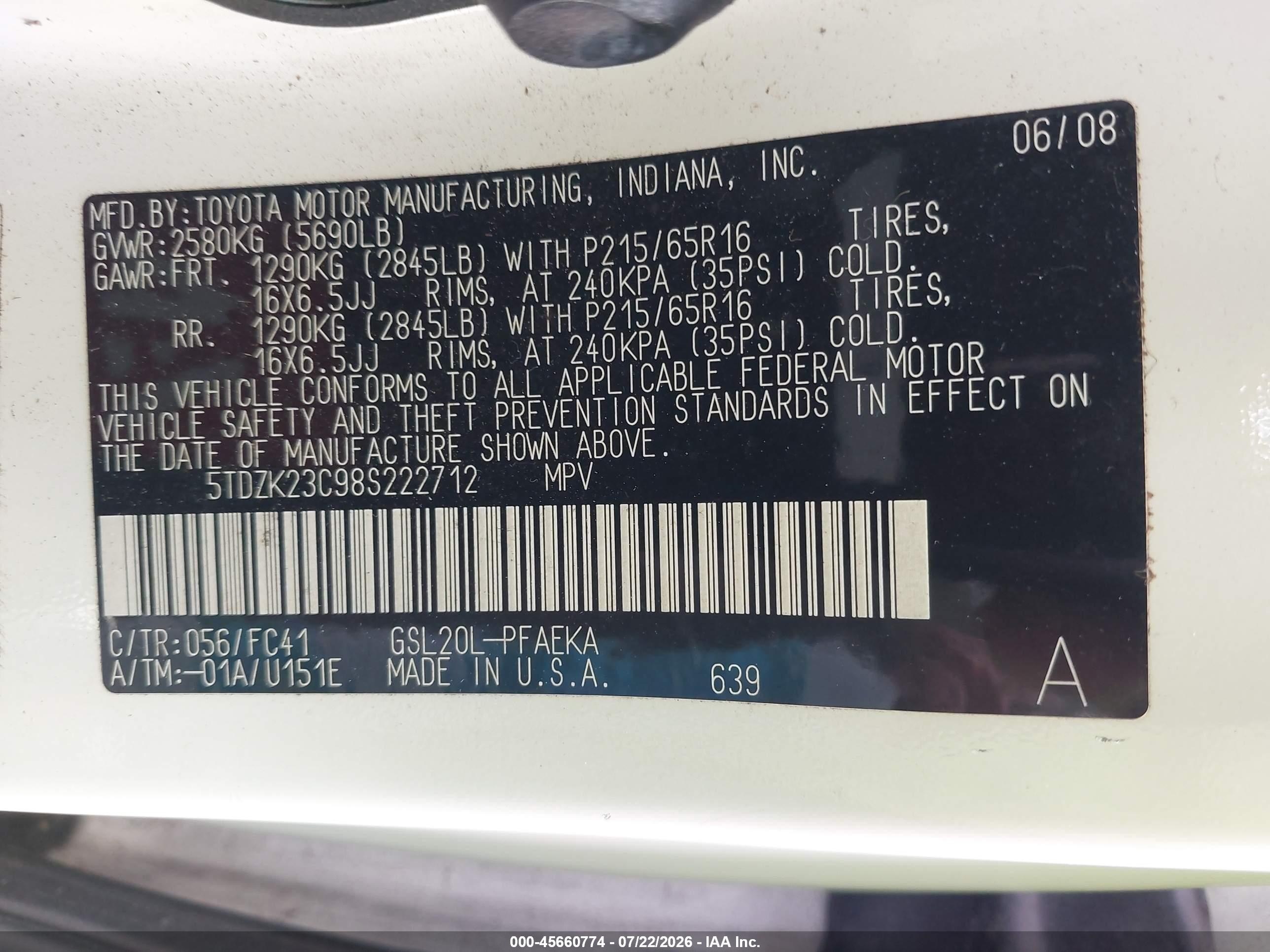 2008 Toyota Sienna Le White vin: 5TDZK23C98S222712