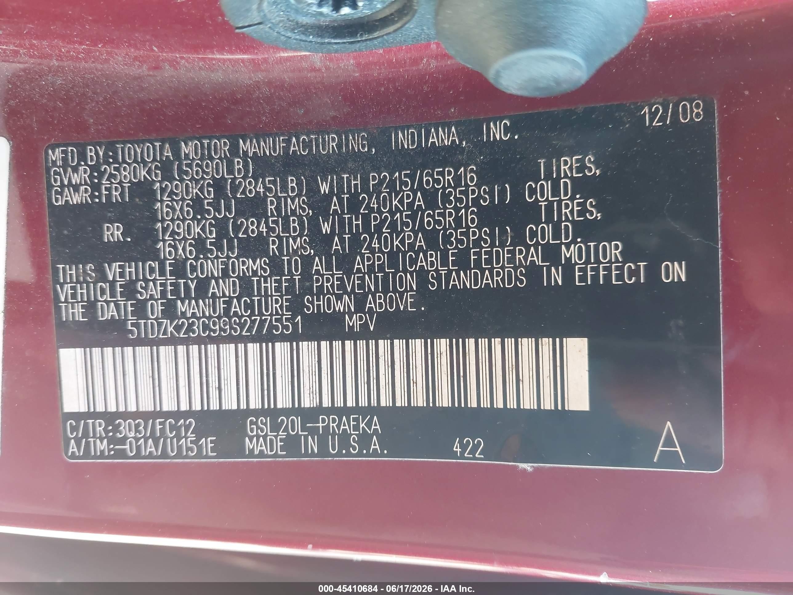 2009 Toyota Sienna Le Burgundy vin: 5TDZK23C99S277551