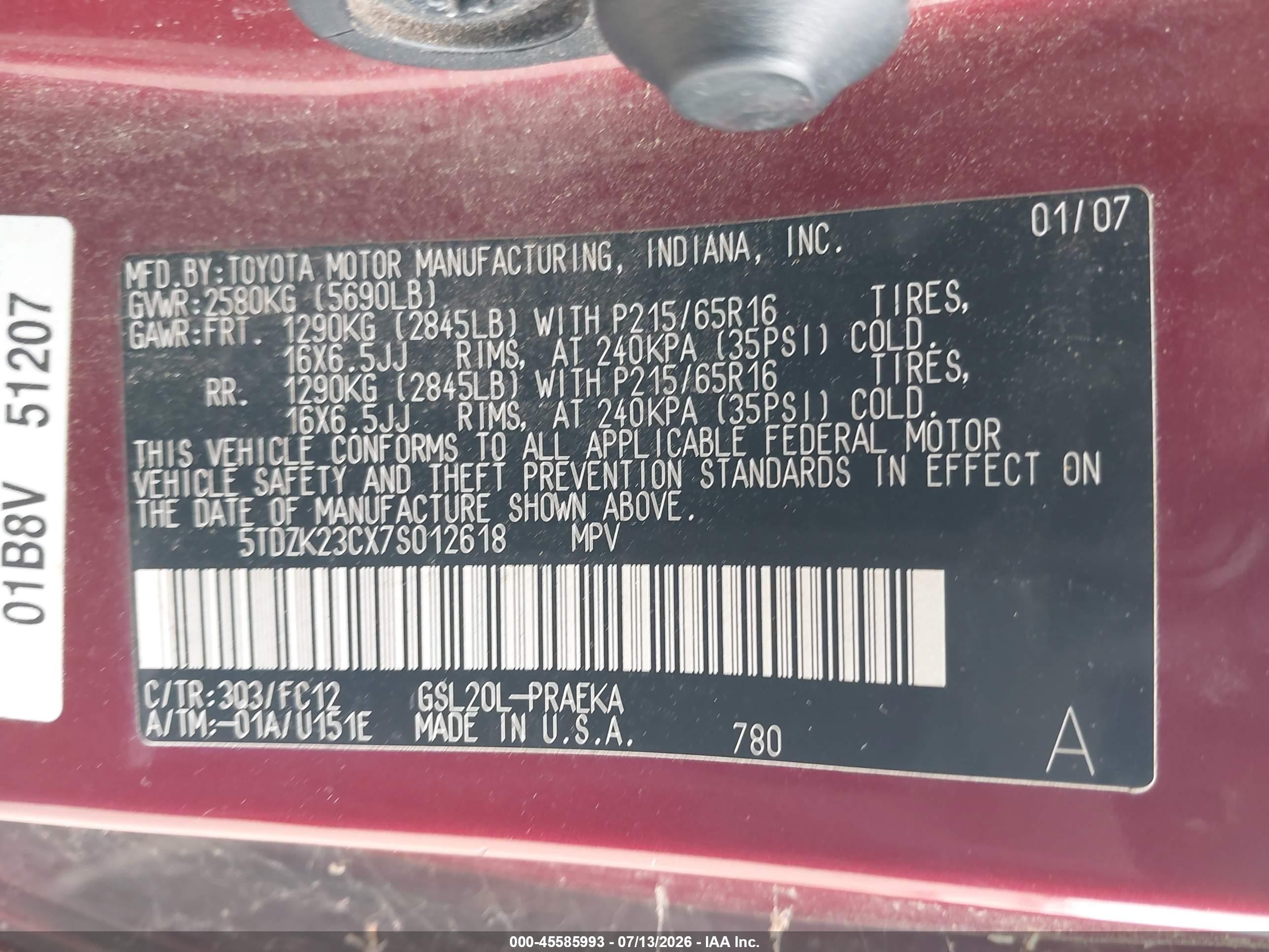 2007 Toyota Sienna Le Темно-бордовый vin: 5TDZK23CX7S012618