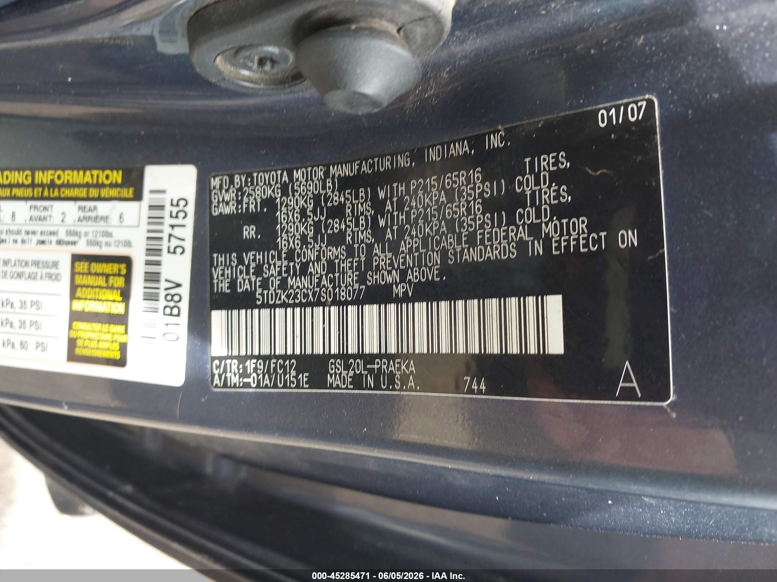 2007 Toyota Sienna Le Blue vin: 5TDZK23CX7S018077