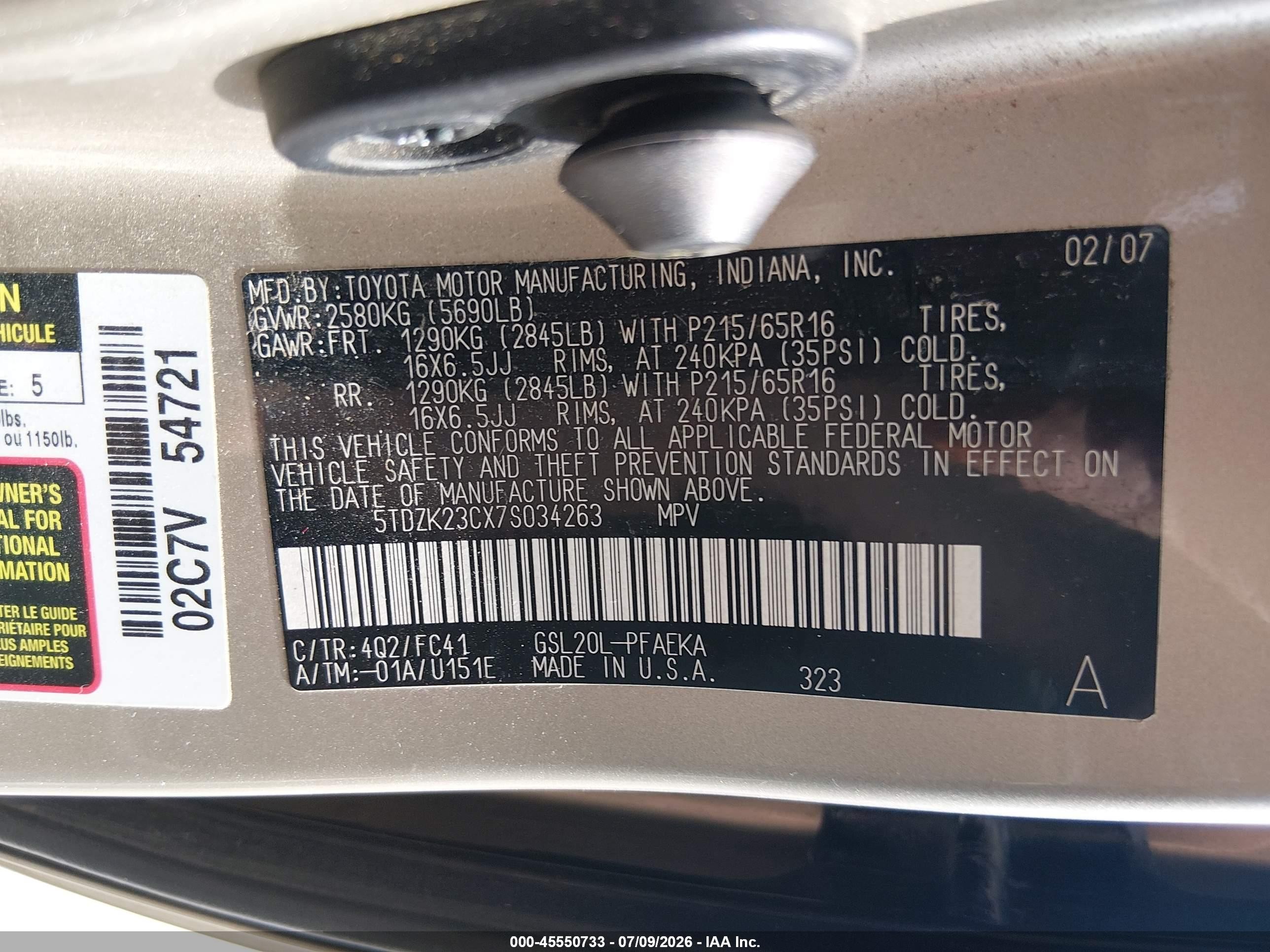 2007 Toyota Sienna Le Gold vin: 5TDZK23CX7S034263