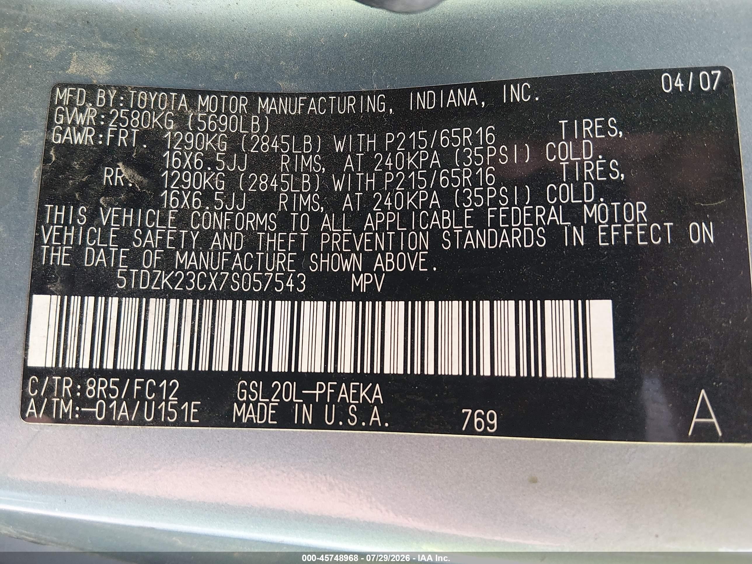 2007 Toyota Sienna Le Blue vin: 5TDZK23CX7S057543