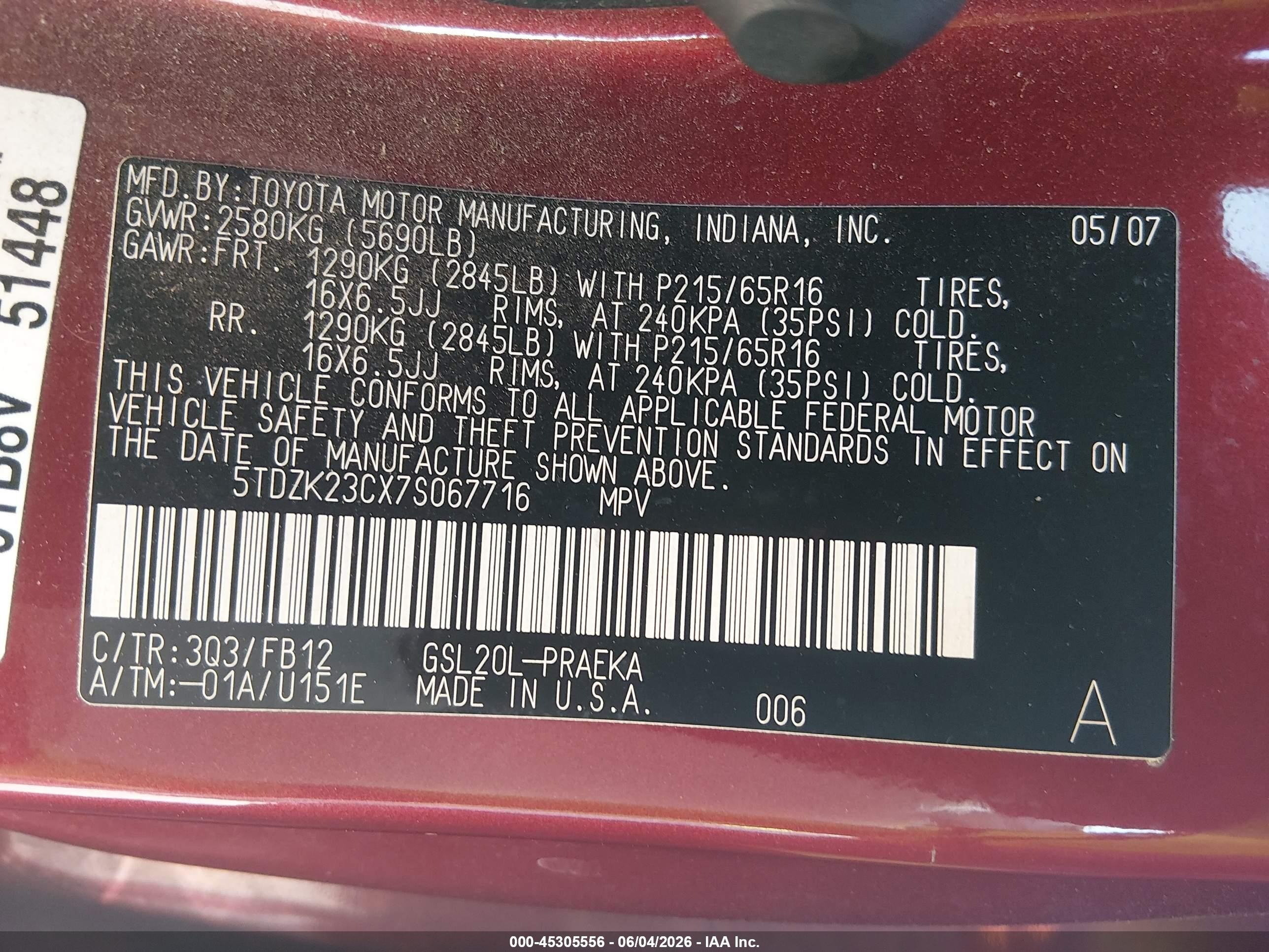 2007 Toyota Sienna Ce Red vin: 5TDZK23CX7S067716