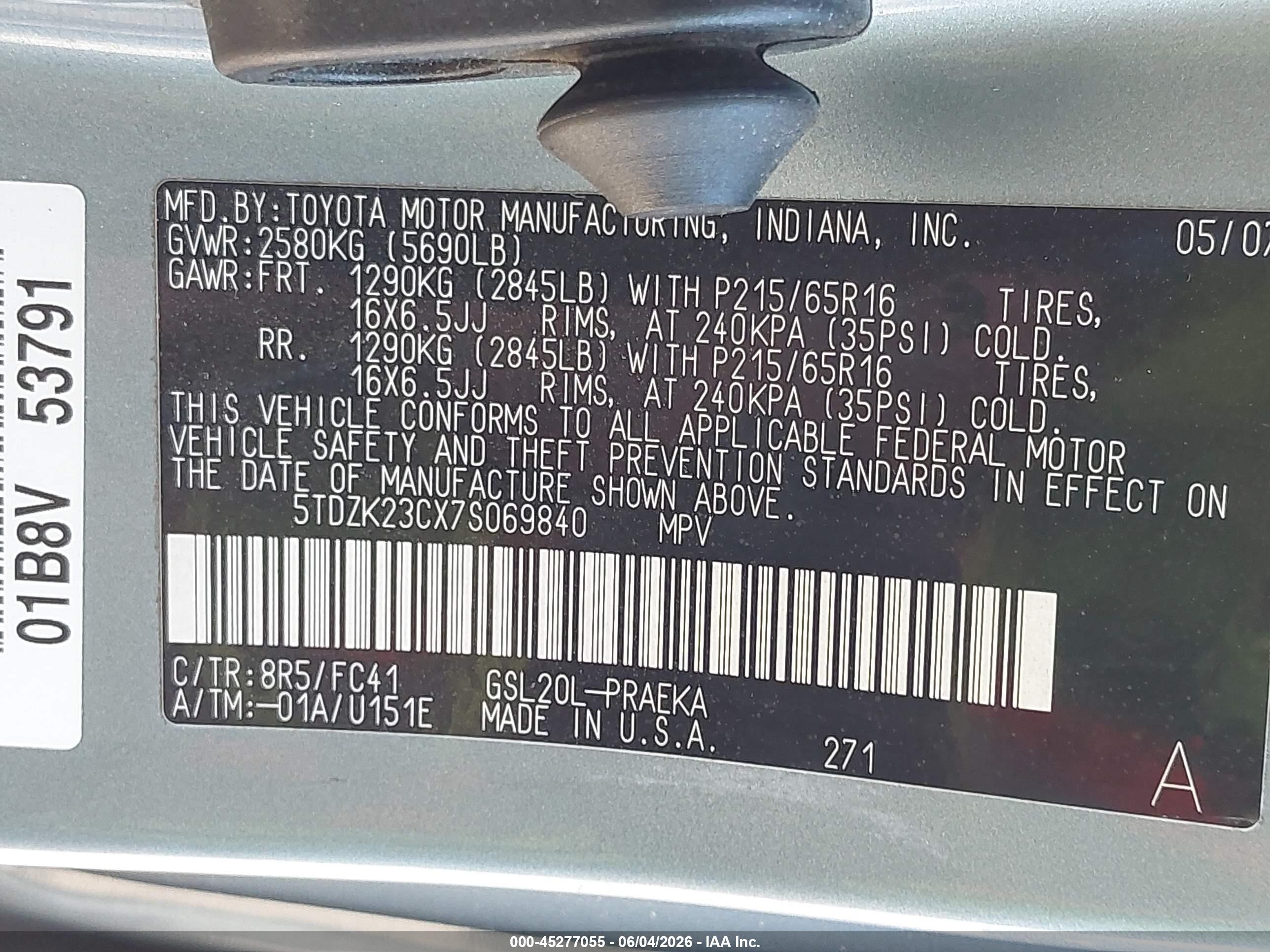 2007 Toyota Sienna Le Light Blue vin: 5TDZK23CX7S069840