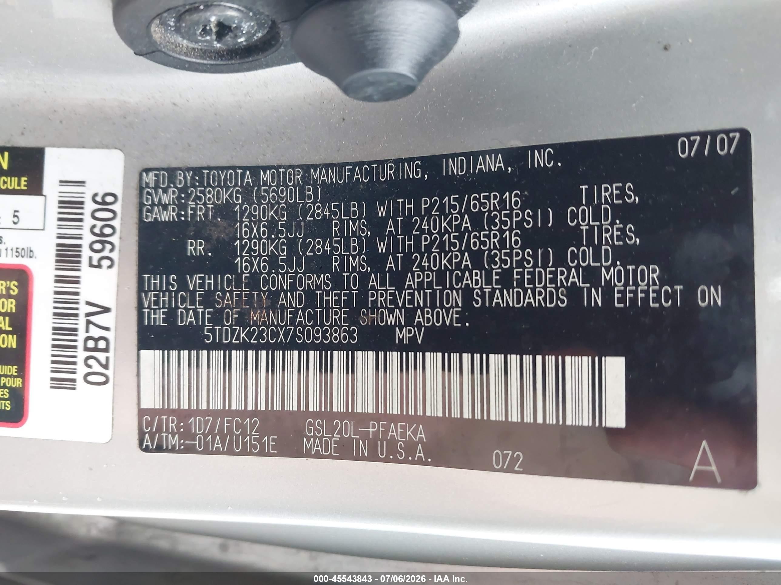 2007 Toyota Sienna Le Silver vin: 5TDZK23CX7S093863