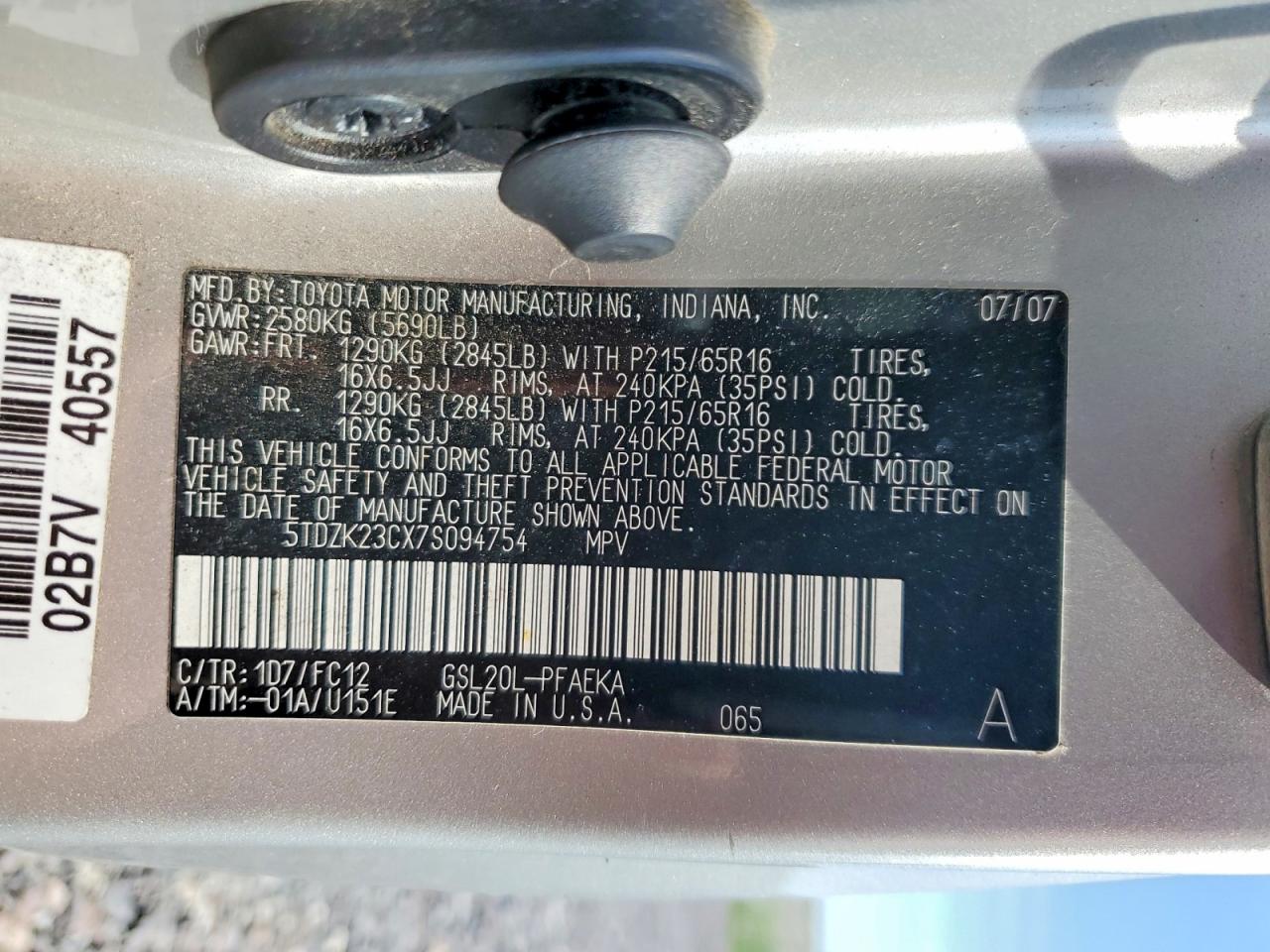 2007 Toyota Sienna Le 7-passenger Silver vin: 5TDZK23CX7S094754