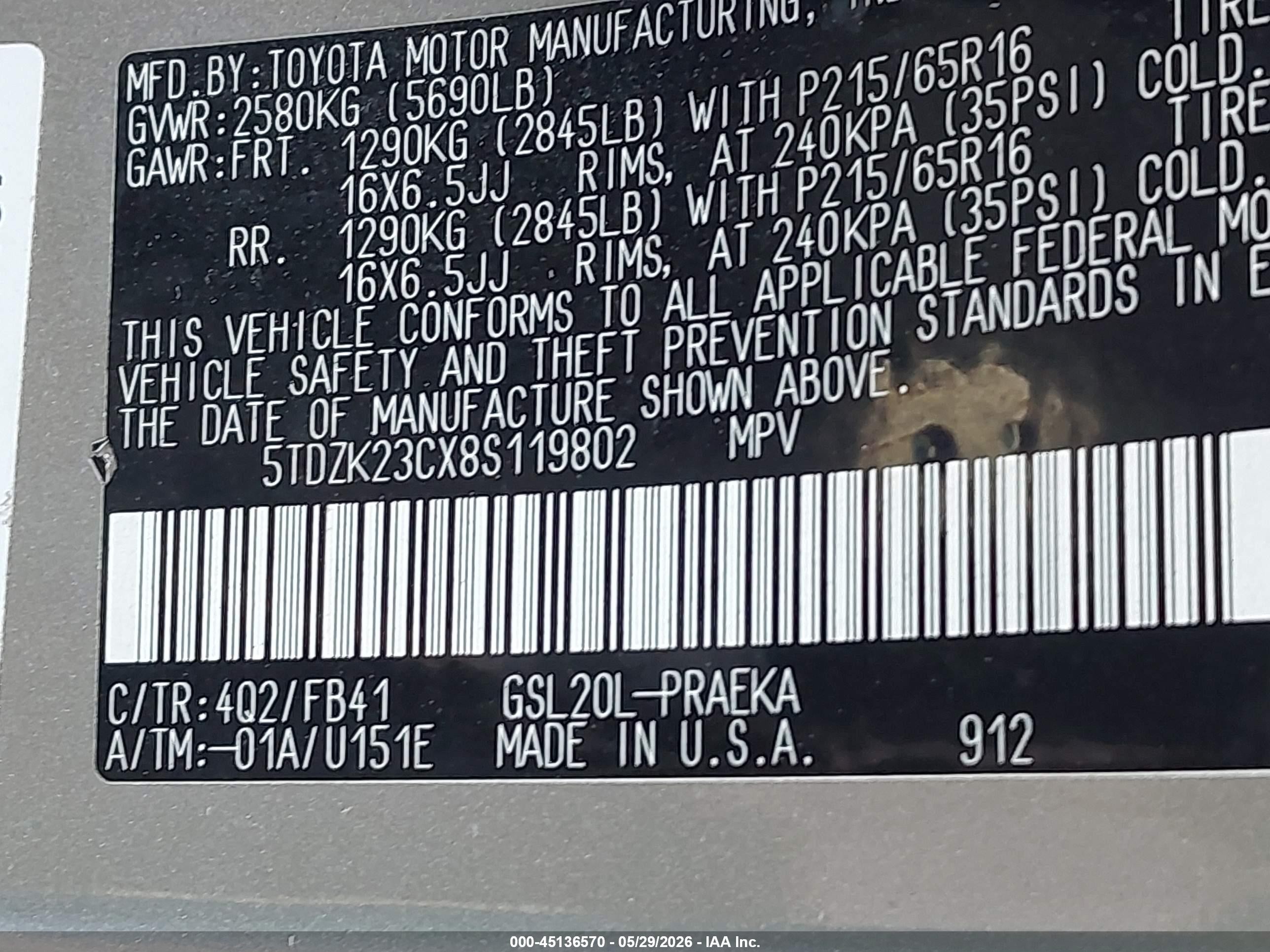 2008 Toyota Sienna Ce Champagne vin: 5TDZK23CX8S119802