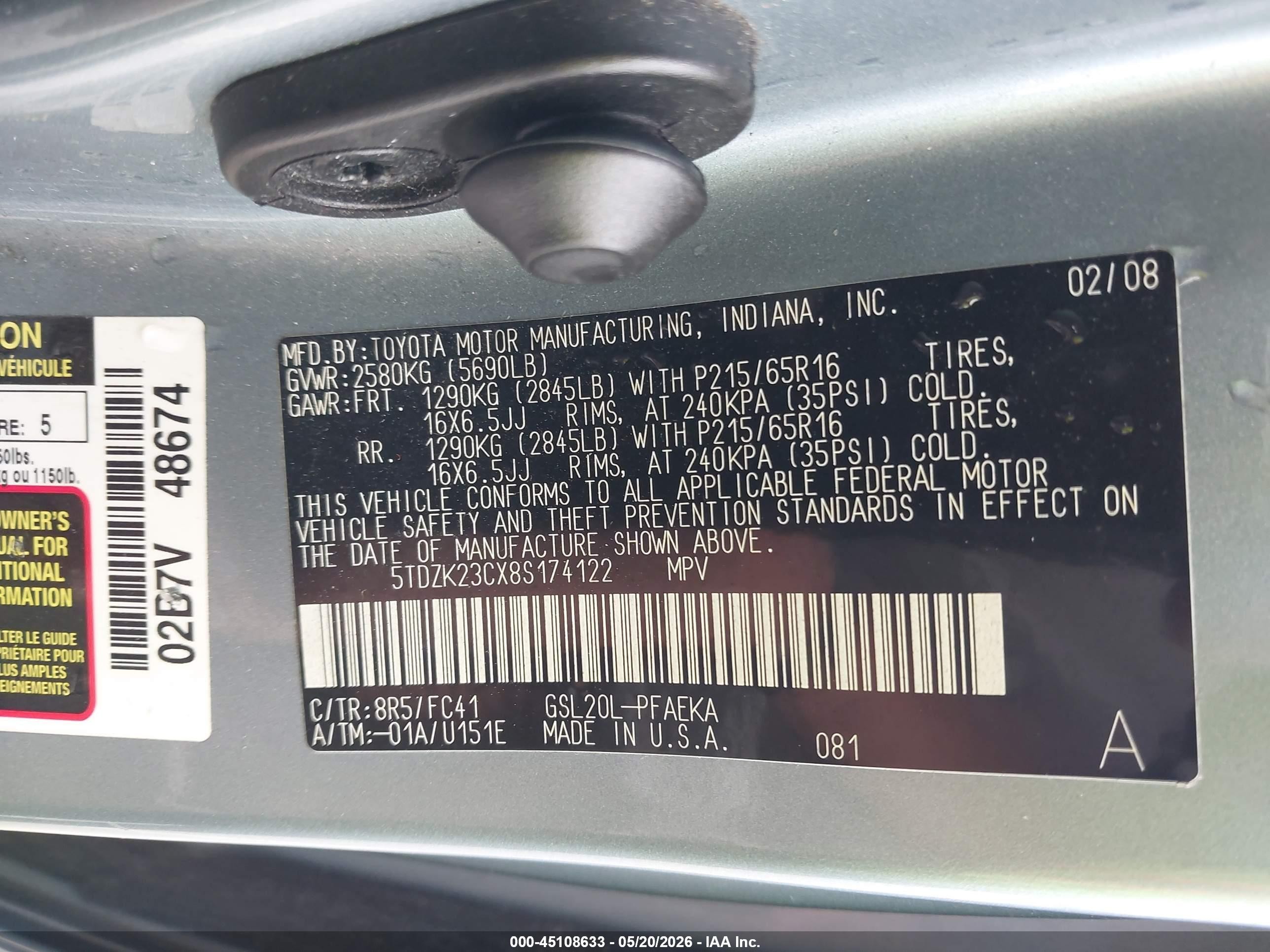 2008 Toyota Sienna Le Light Blue vin: 5TDZK23CX8S174122