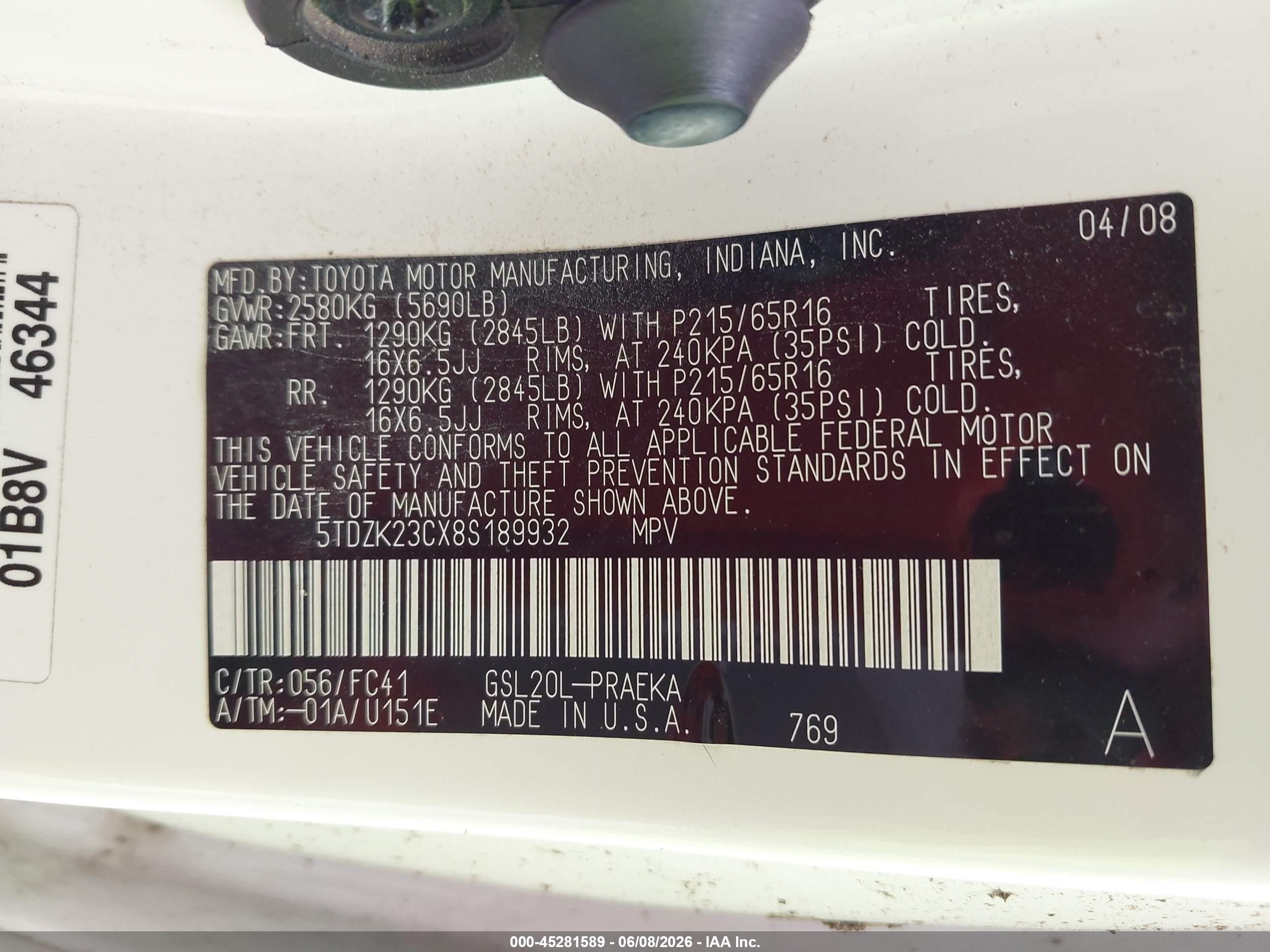 2008 Toyota Sienna Le White vin: 5TDZK23CX8S189932