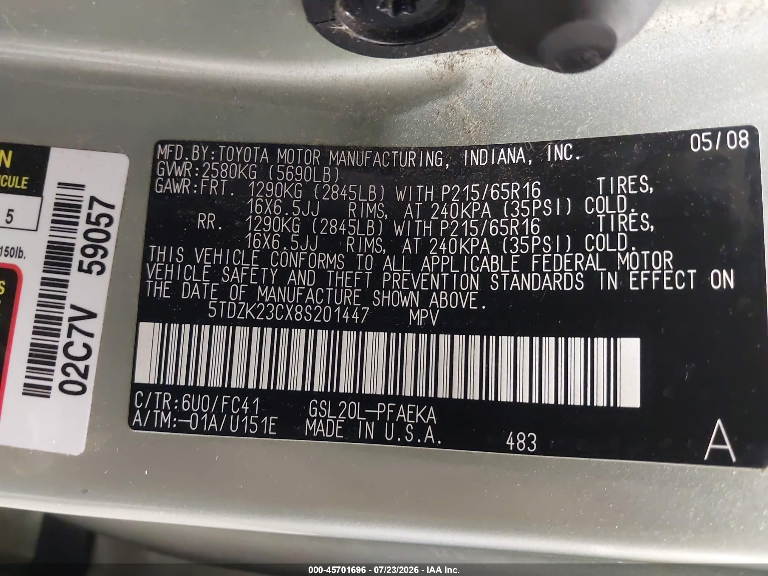 2008 Toyota Sienna Le Green vin: 5TDZK23CX8S201447