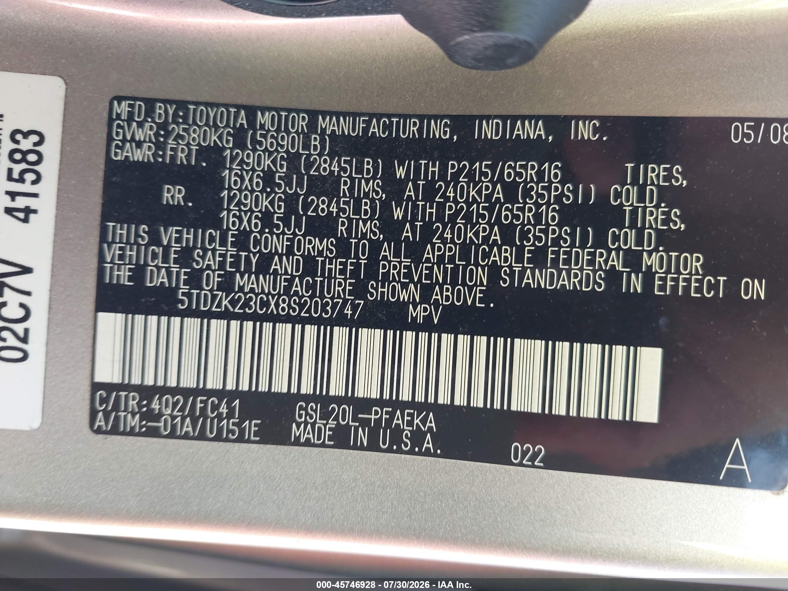 2008 Toyota Sienna Le Gold vin: 5TDZK23CX8S203747