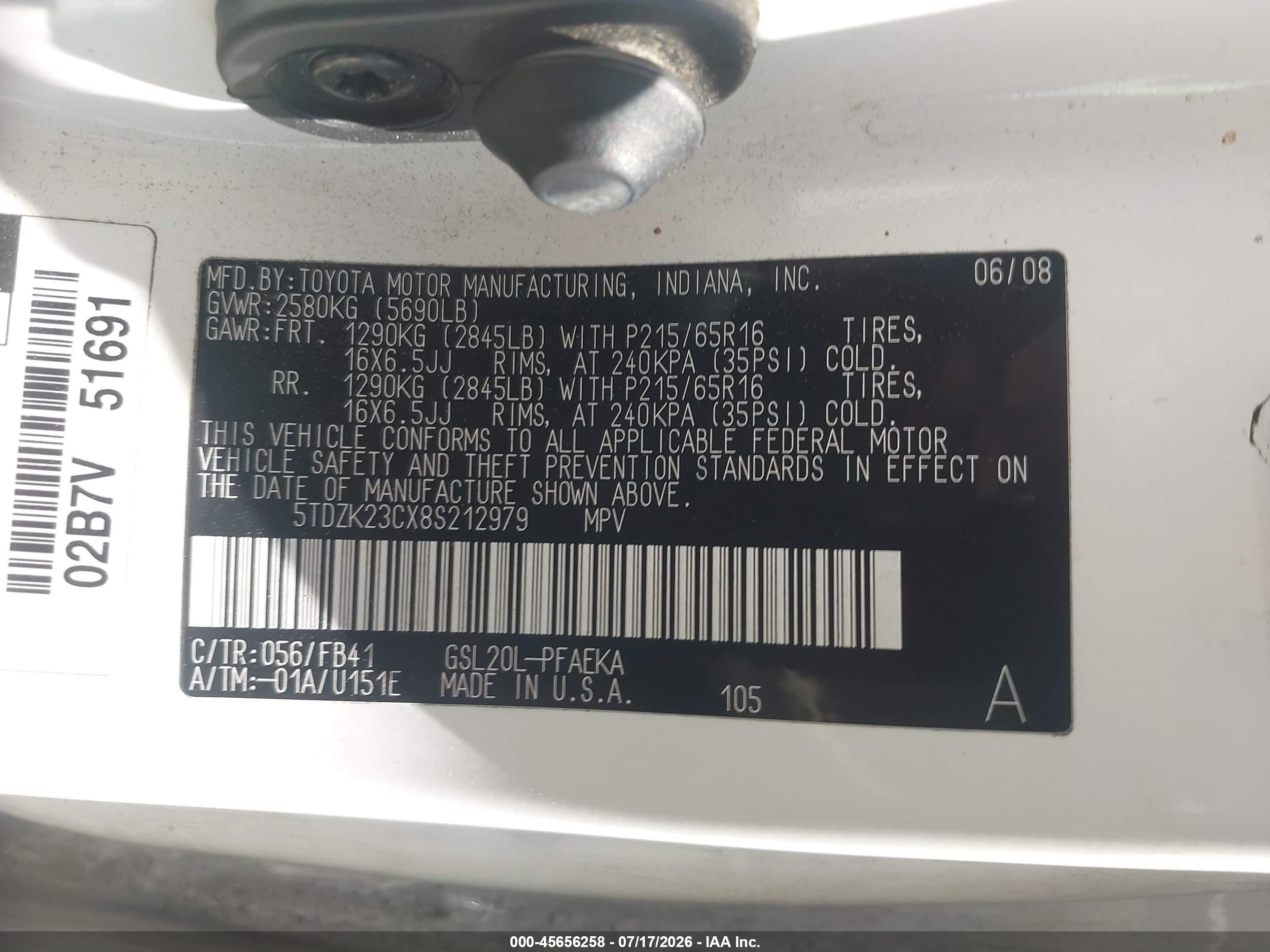 2008 Toyota Sienna Ce White vin: 5TDZK23CX8S212979