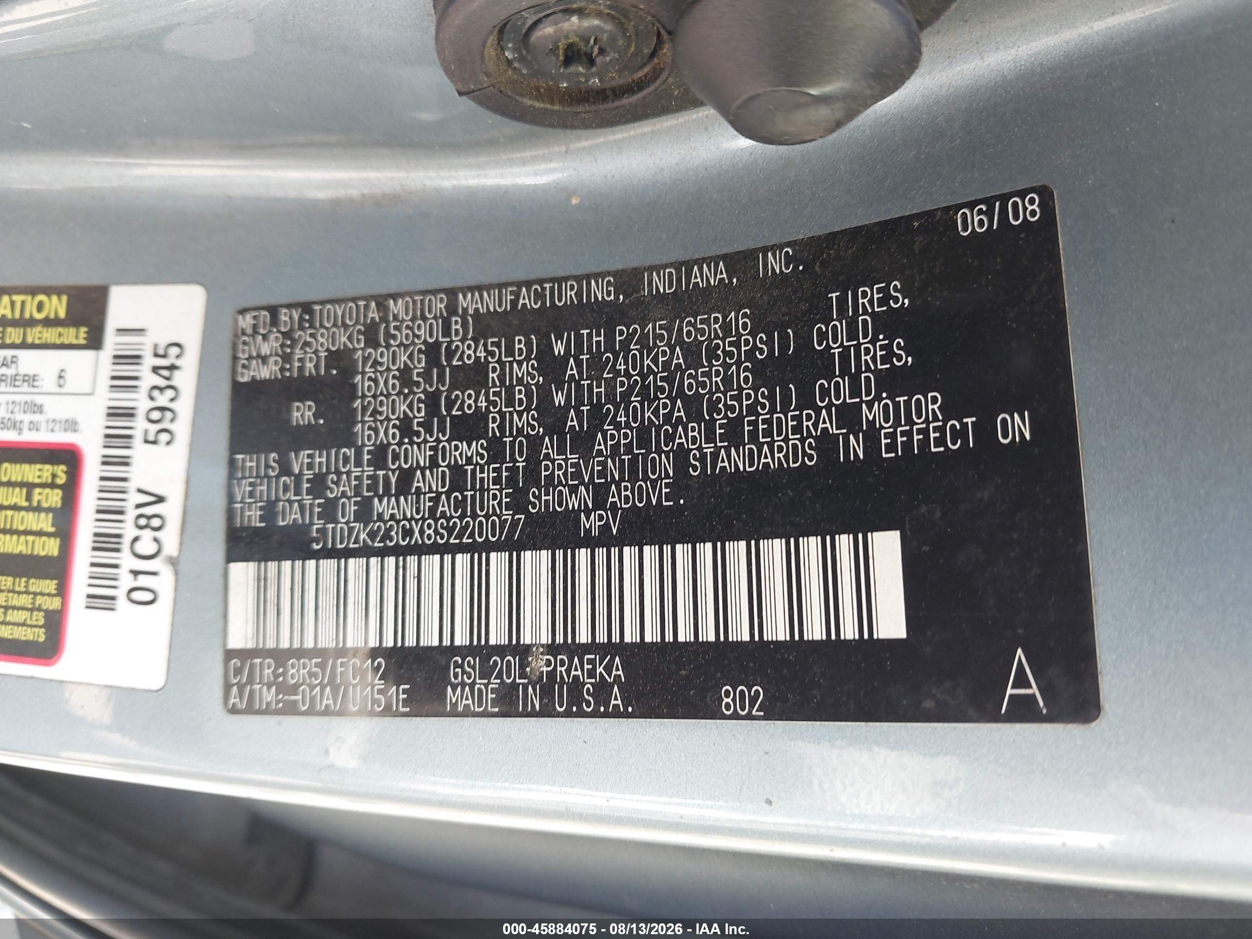 2008 Toyota Sienna Le Blue vin: 5TDZK23CX8S220077
