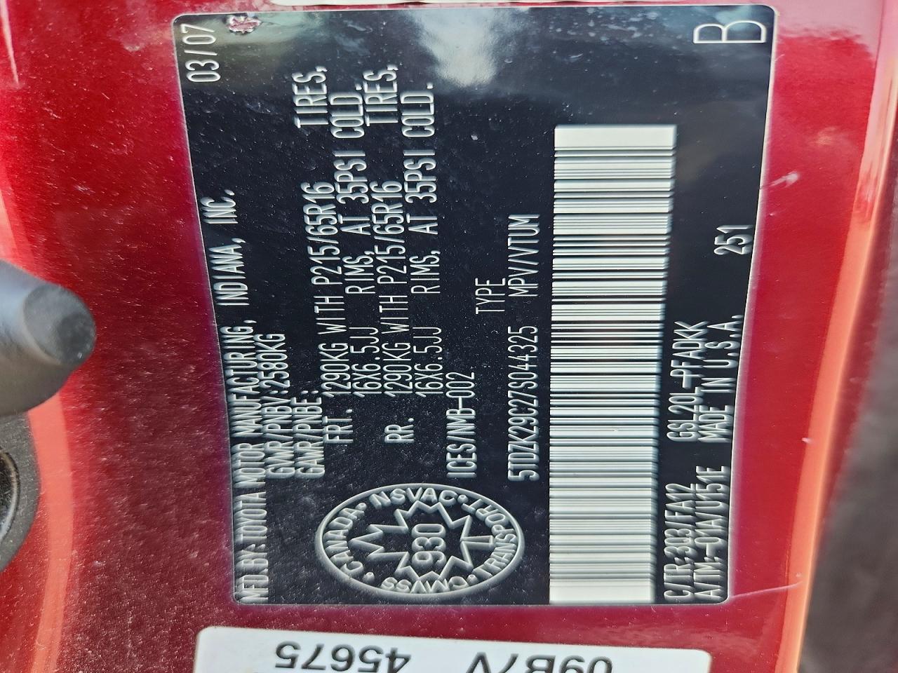 2007 Toyota Sienna Ce Red vin: 5TDZK29C27S044325