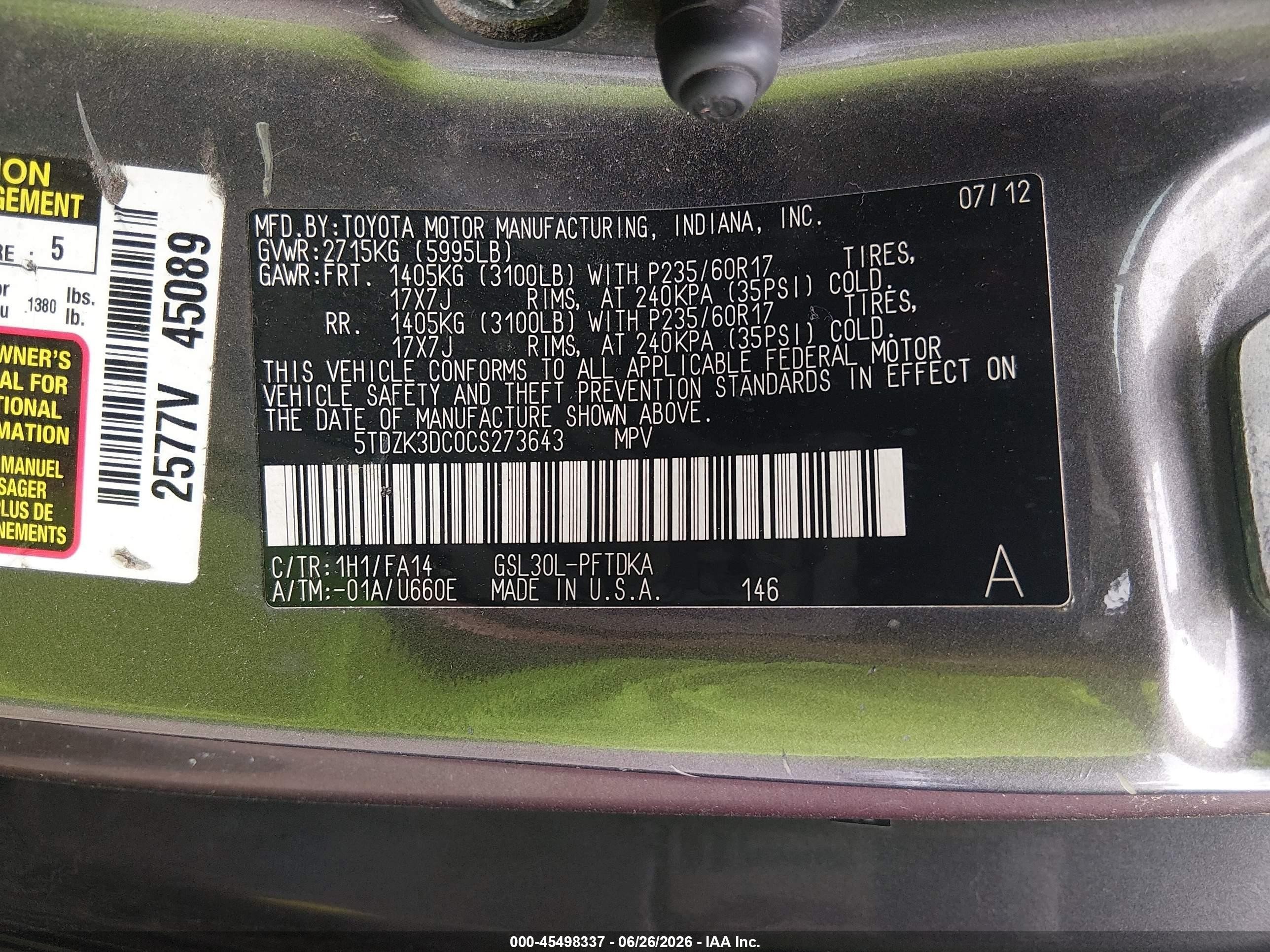2012 Toyota Sienna Base V6 7 Passenger Black vin: 5TDZK3DC0CS273643