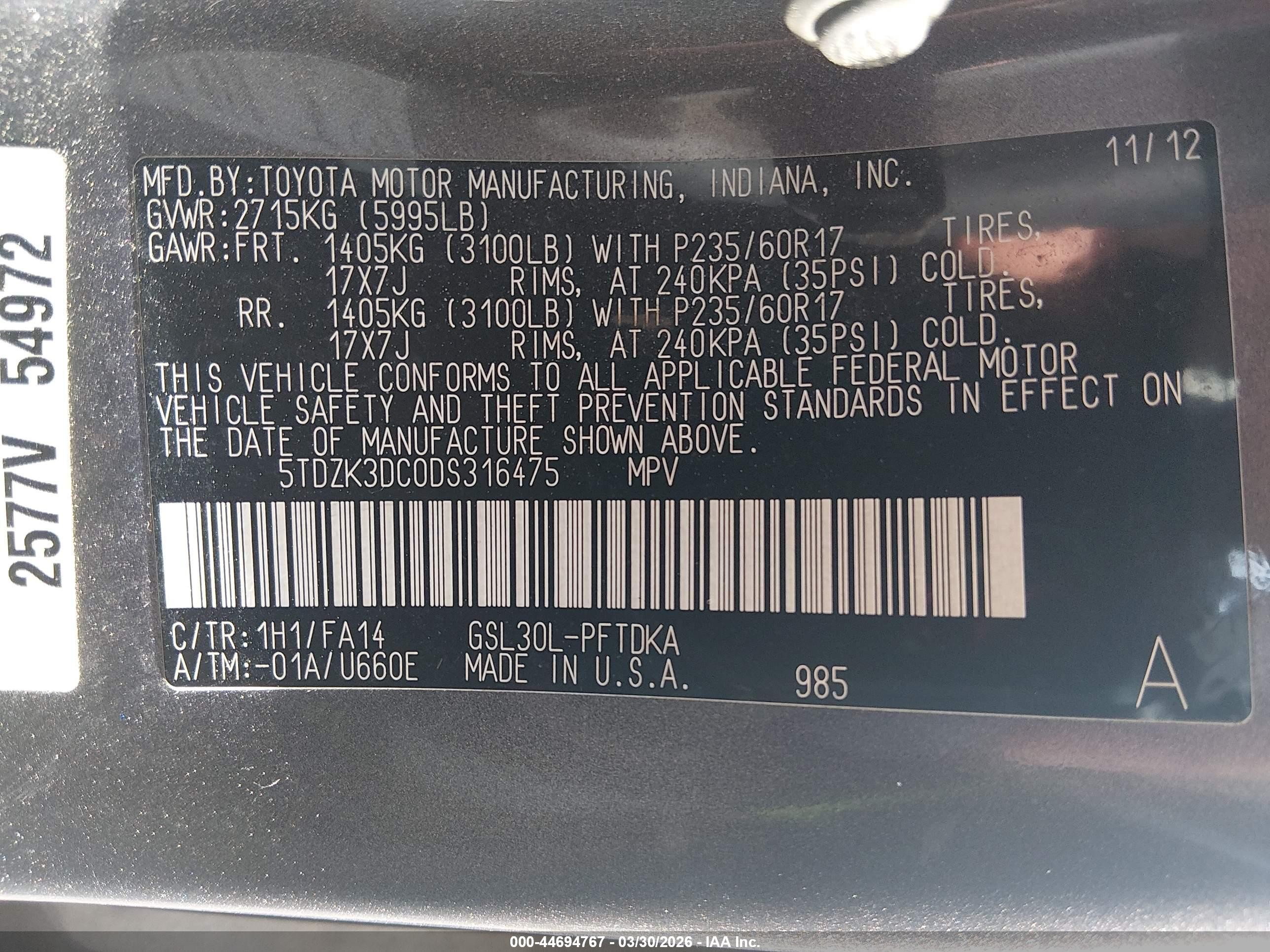 2013 Toyota Sienna L V6 7 Passenger Silver vin: 5TDZK3DC0DS316475