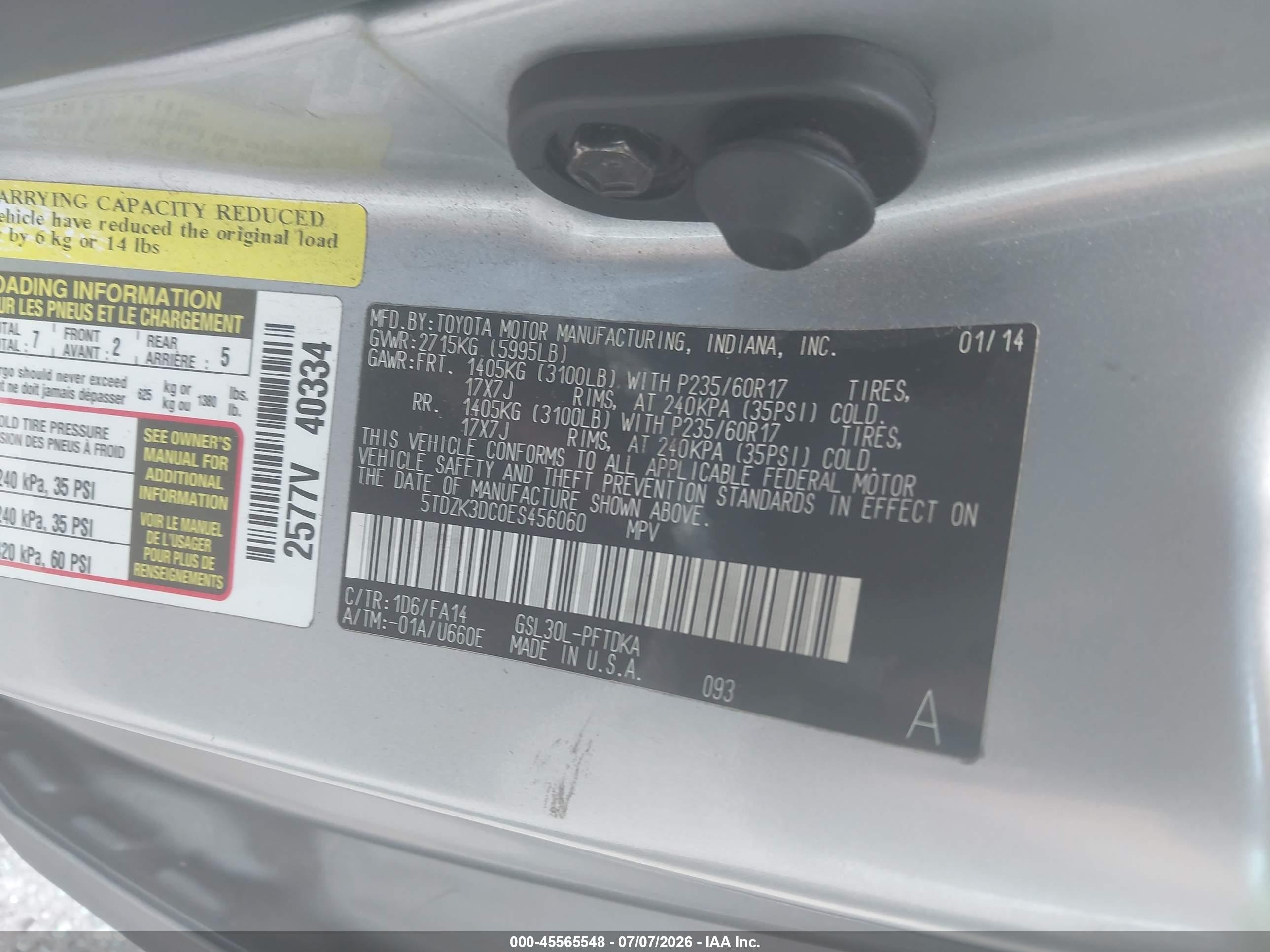 2014 Toyota Sienna L V6 7 Passenger Gray vin: 5TDZK3DC0ES456060