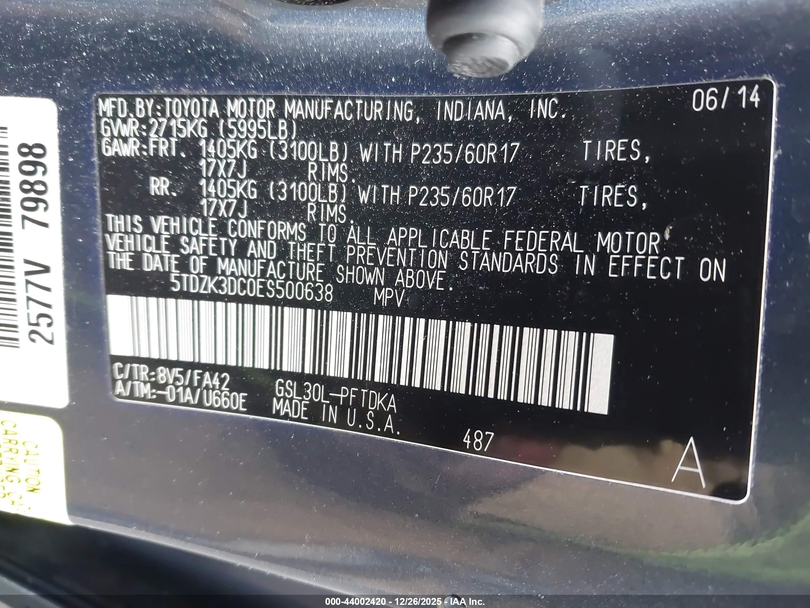 2014 Toyota Sienna L V6 7 Passenger Blue vin: 5TDZK3DC0ES500638