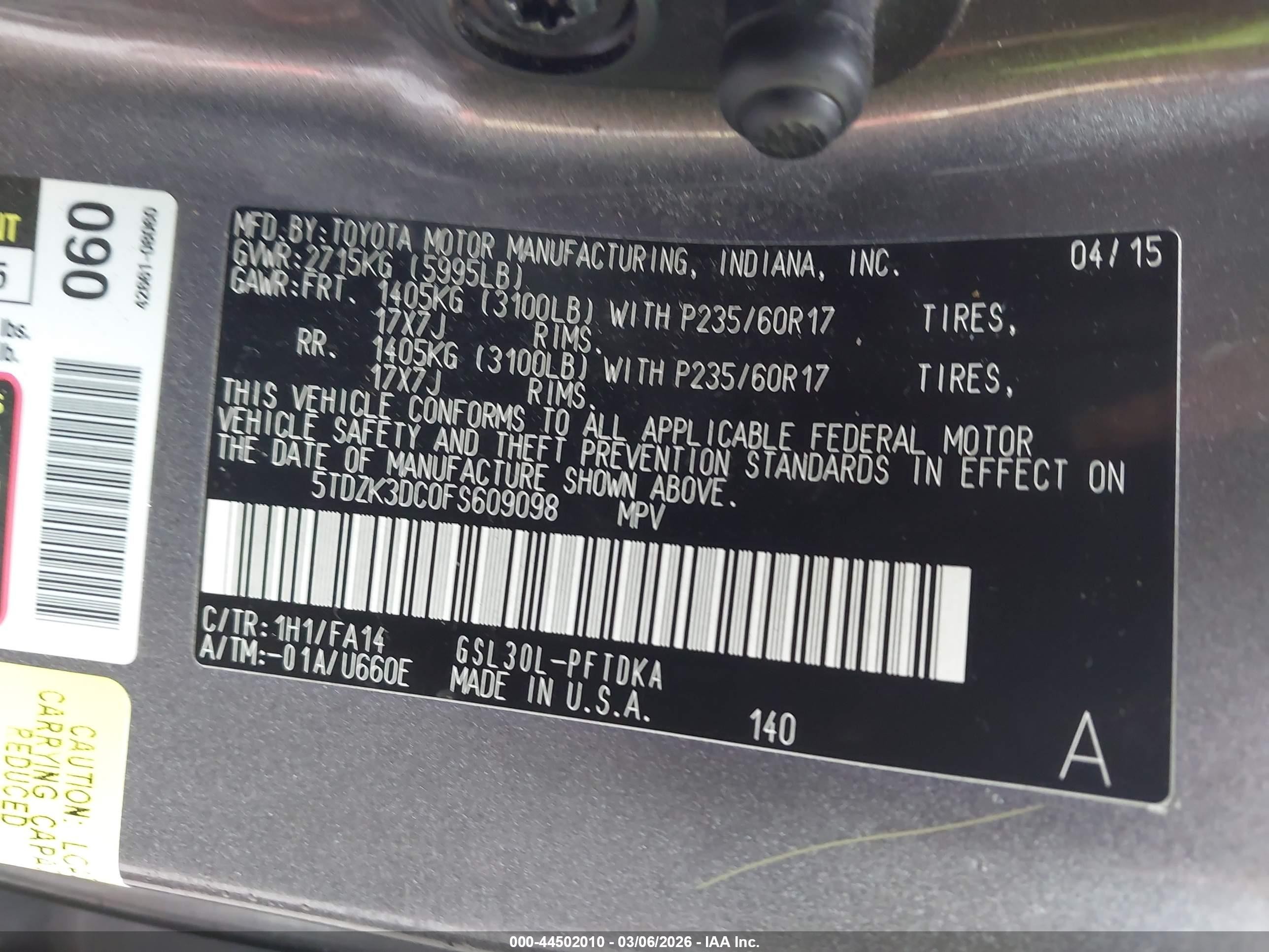 2015 Toyota Sienna L 7 Passenger Gray vin: 5TDZK3DC0FS609098