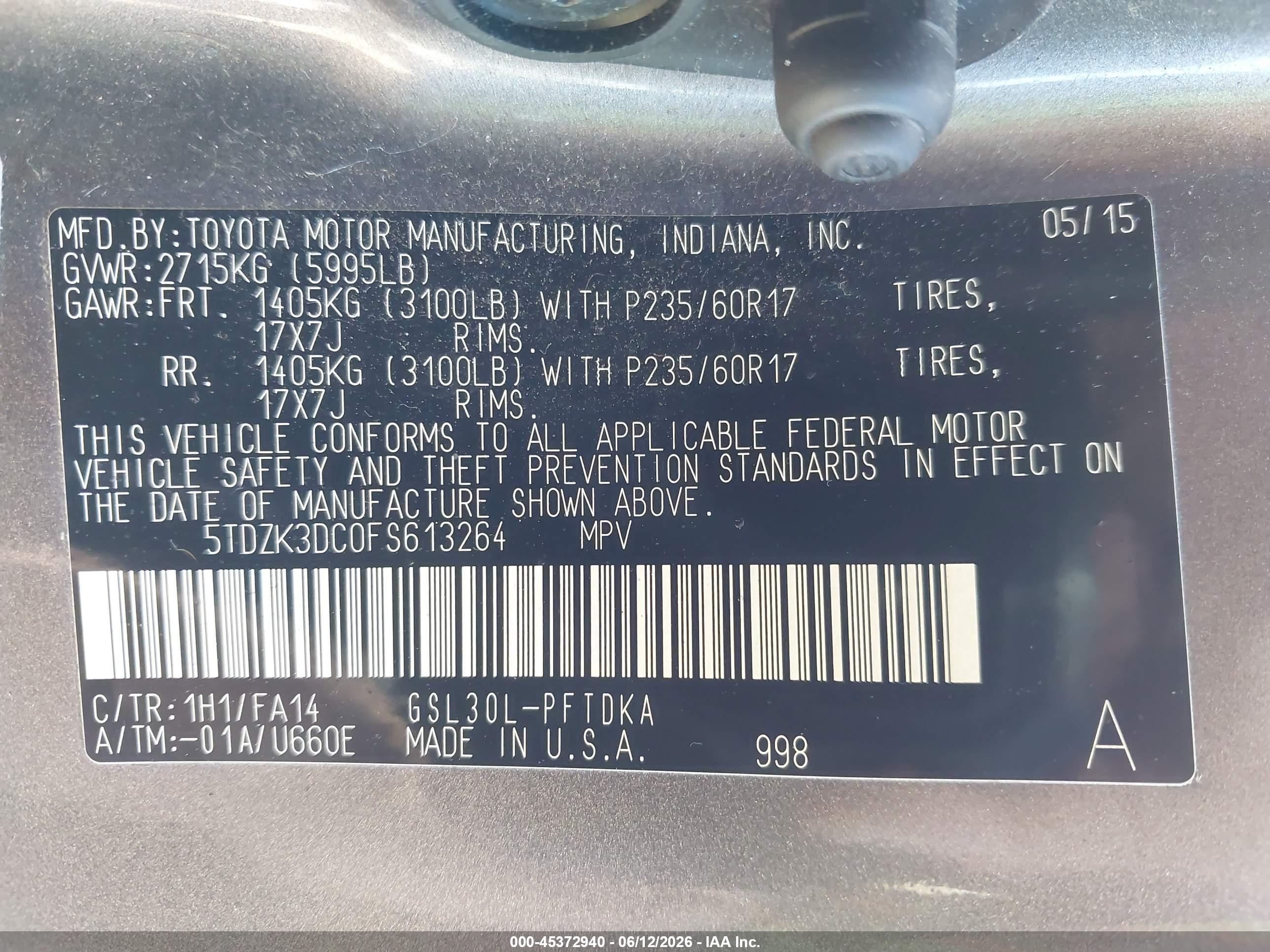 2015 Toyota Sienna L 7 Passenger Серый vin: 5TDZK3DC0FS613264