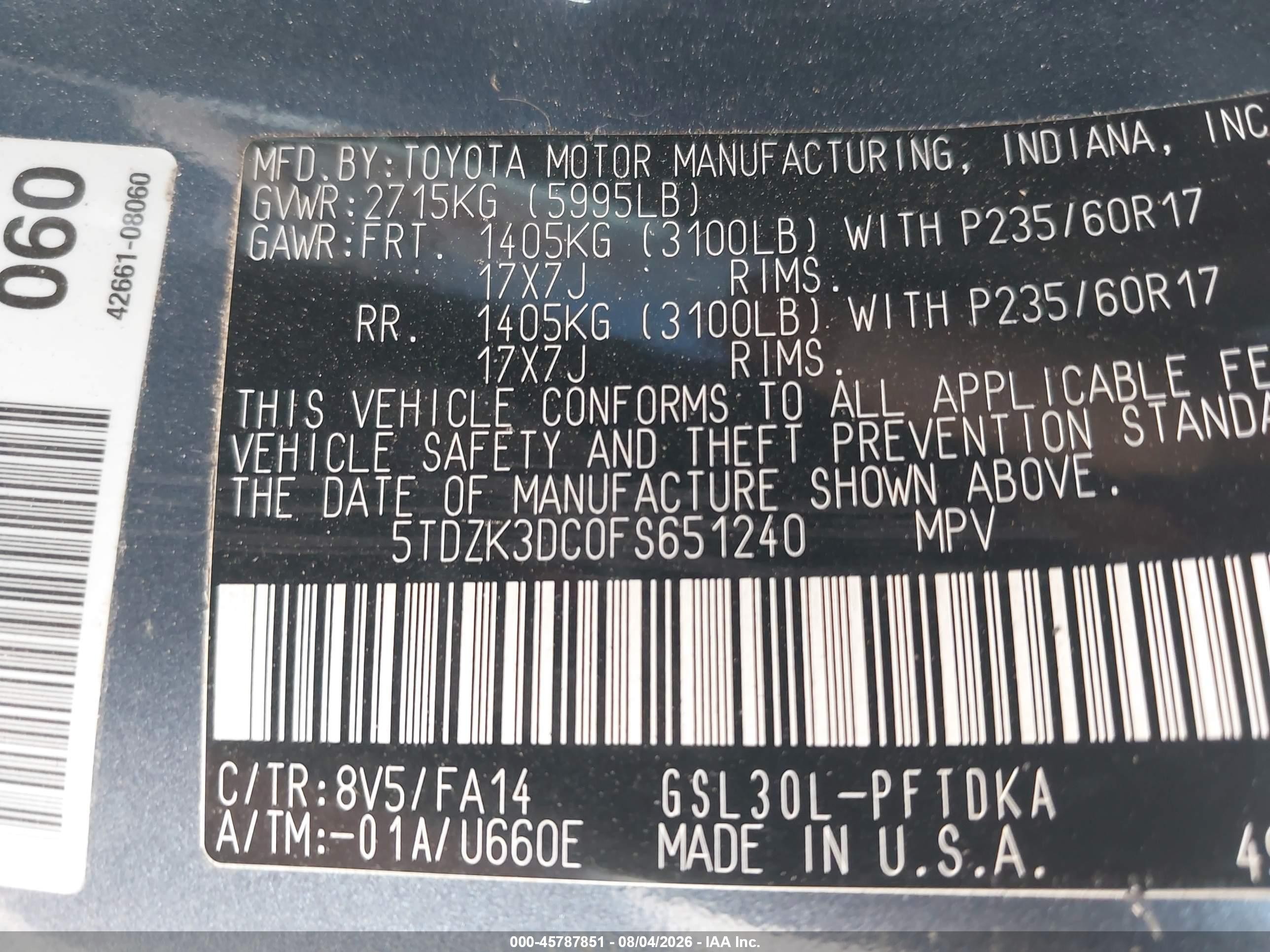 2015 Toyota Sienna L 7 Passenger Blue vin: 5TDZK3DC0FS651240