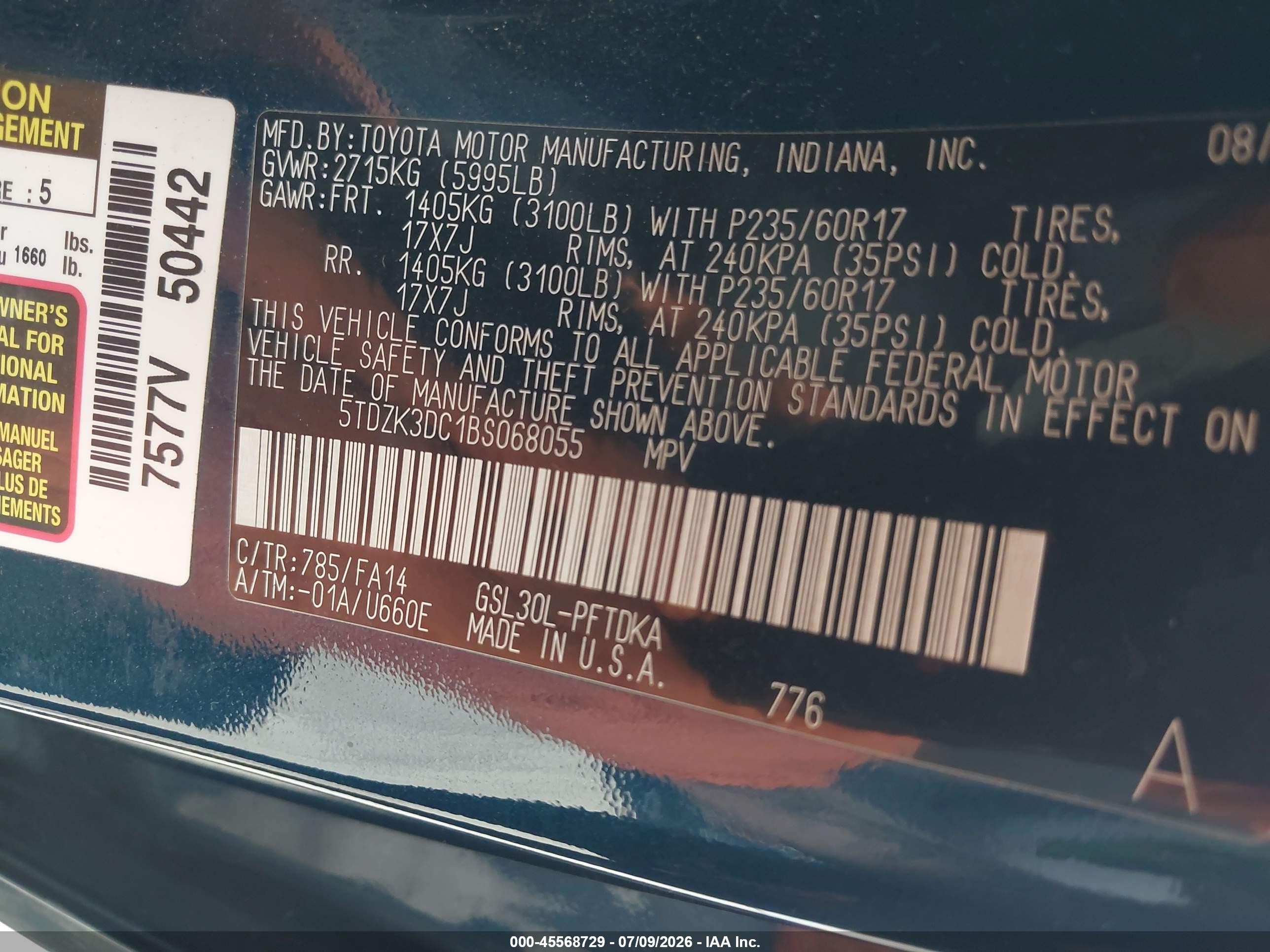 2011 Toyota Sienna Base V6 Dark Blue vin: 5TDZK3DC1BS068055