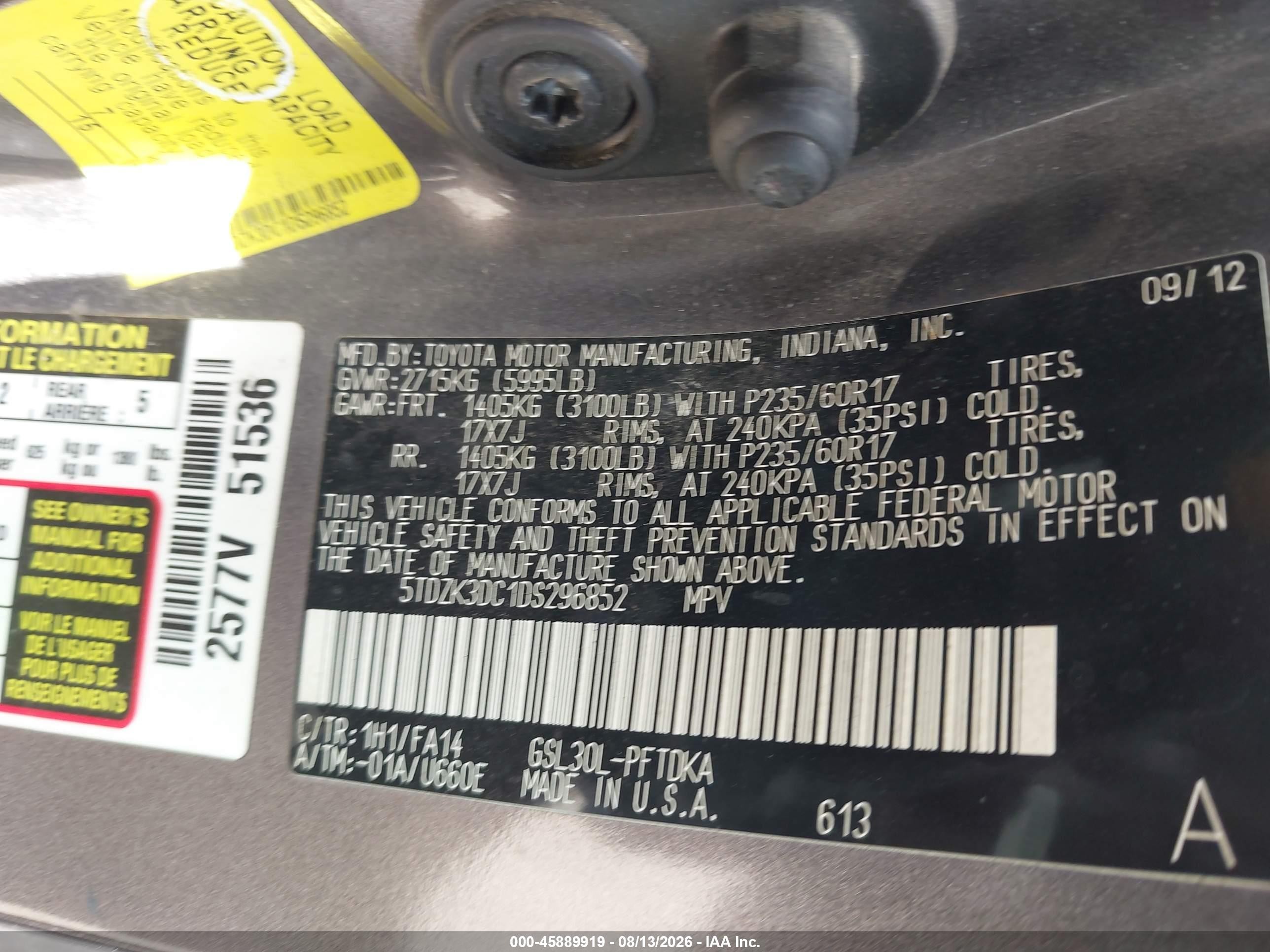 2013 Toyota Sienna L V6 7 Passenger Gray vin: 5TDZK3DC1DS296852