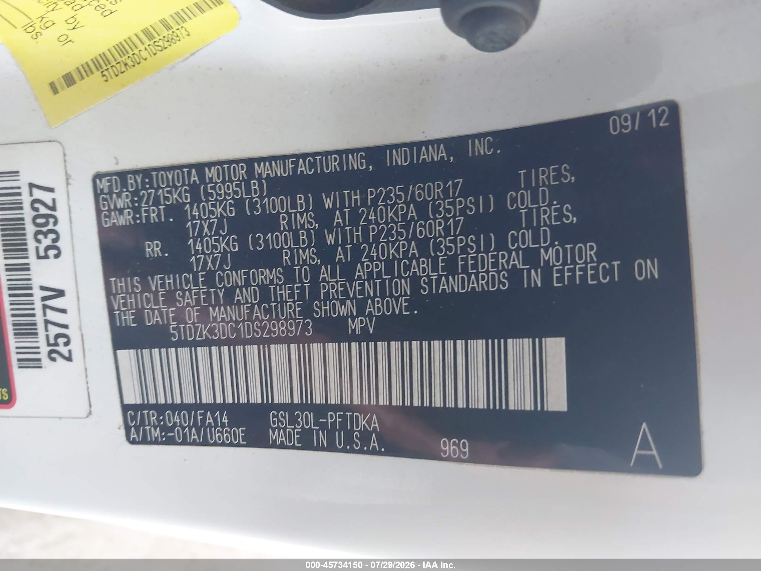 2013 Toyota Sienna L V6 7 Passenger White vin: 5TDZK3DC1DS298973