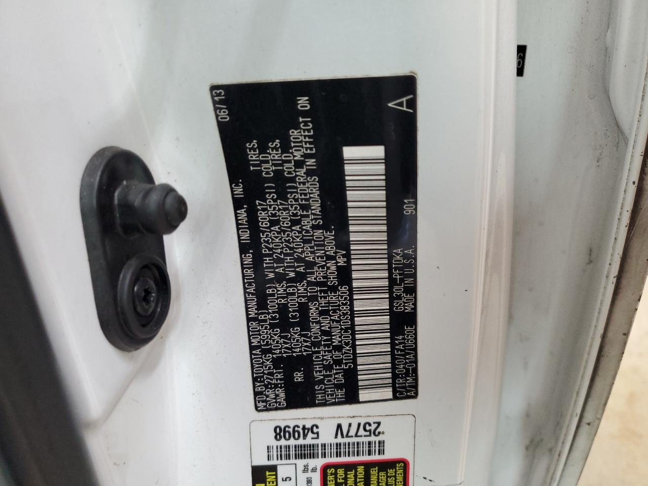 2013 Toyota Sienna Белый vin: 5TDZK3DC1DS383506