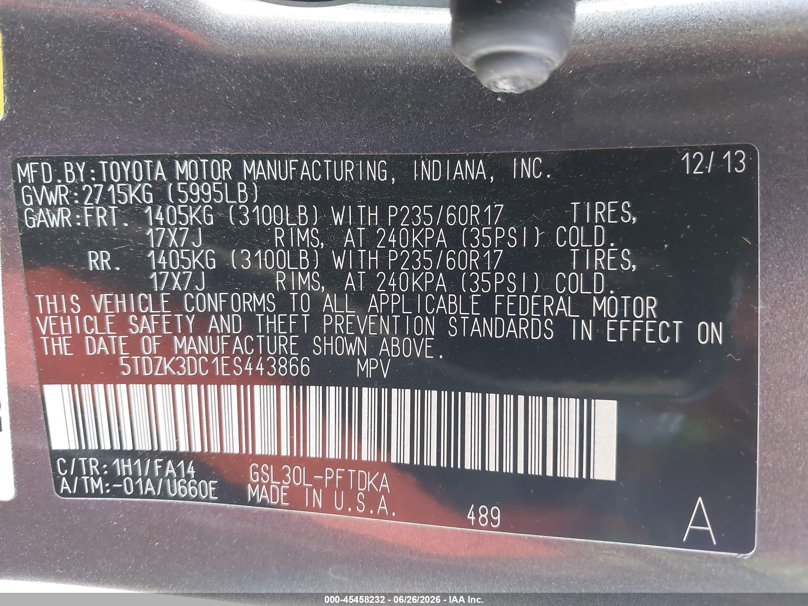 2014 Toyota Sienna L V6 7 Passenger Серый vin: 5TDZK3DC1ES443866