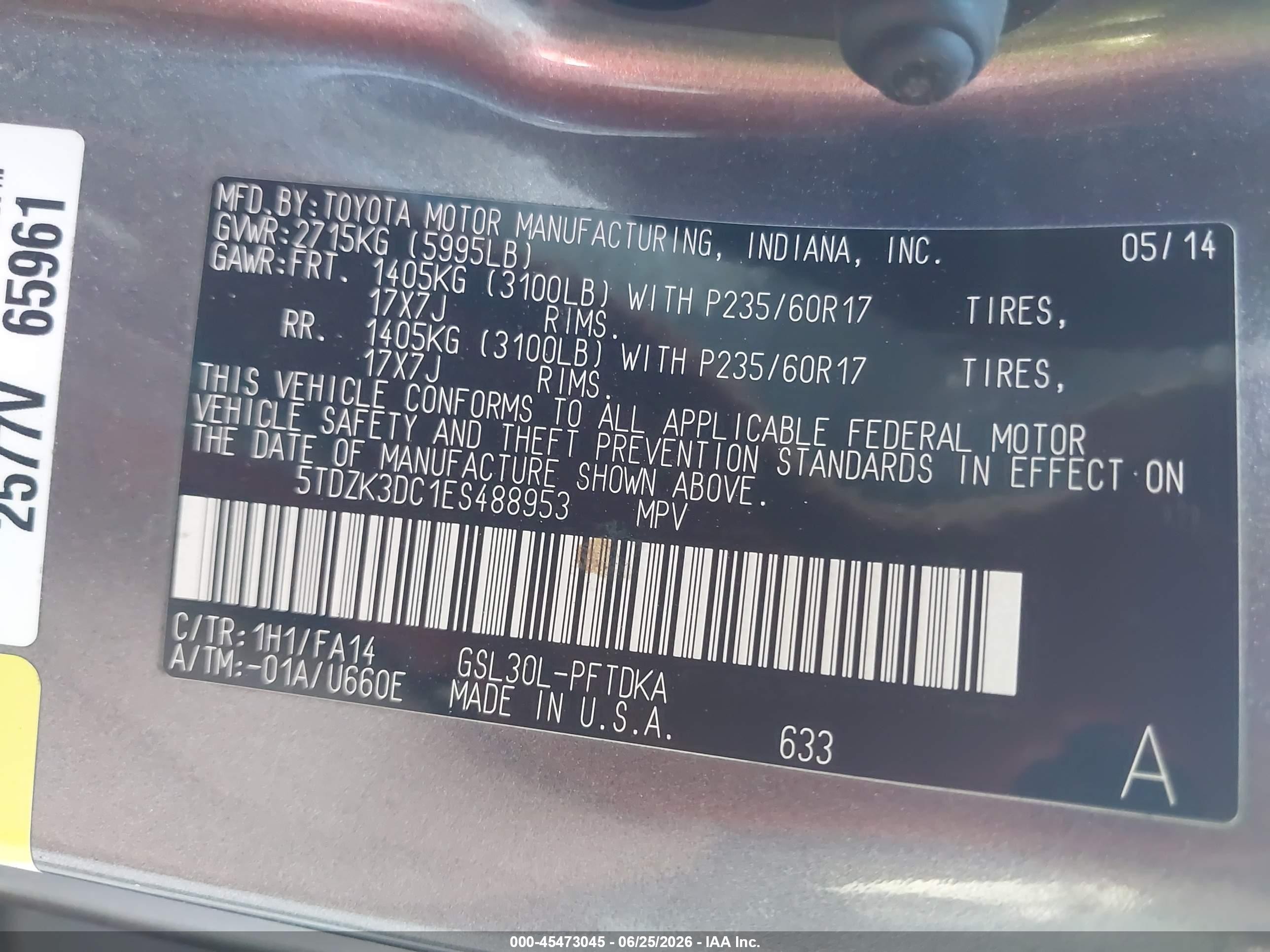 2014 Toyota Sienna L V6 7 Passenger Gray vin: 5TDZK3DC1ES488953