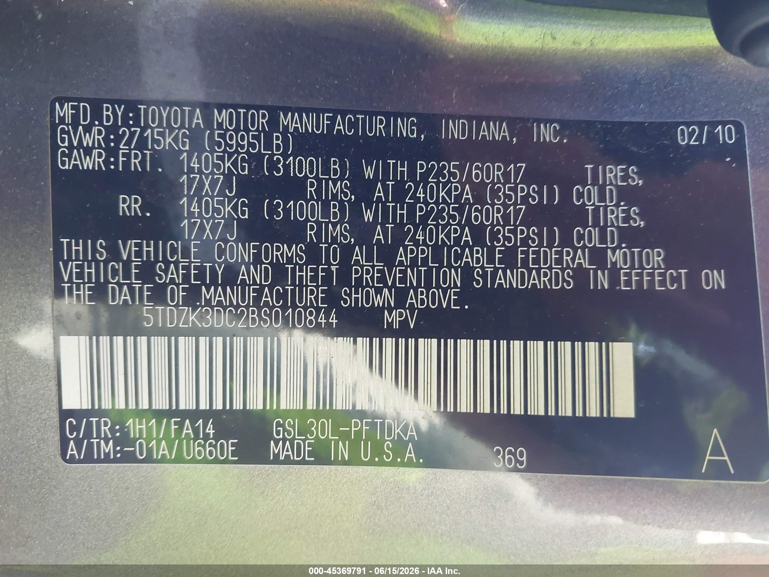 2011 Toyota Sienna Base V6 Gray vin: 5TDZK3DC2BS010844
