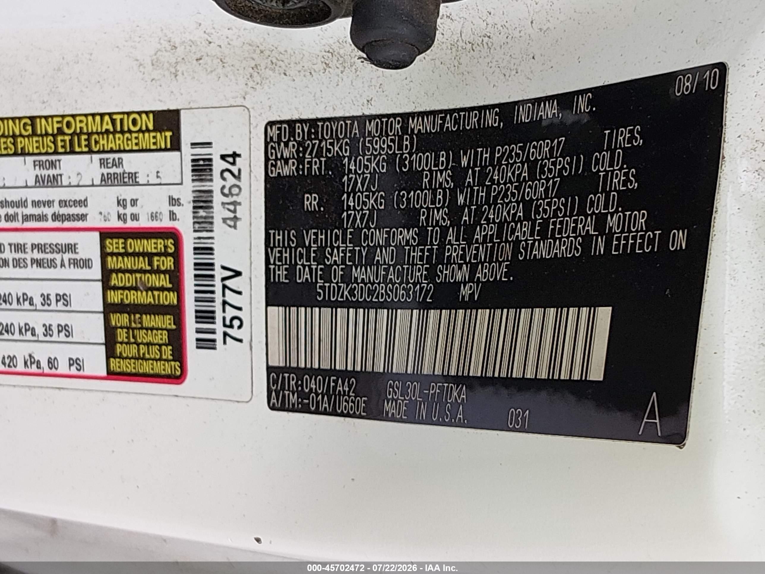 2011 Toyota Sienna Base V6 White vin: 5TDZK3DC2BS063172