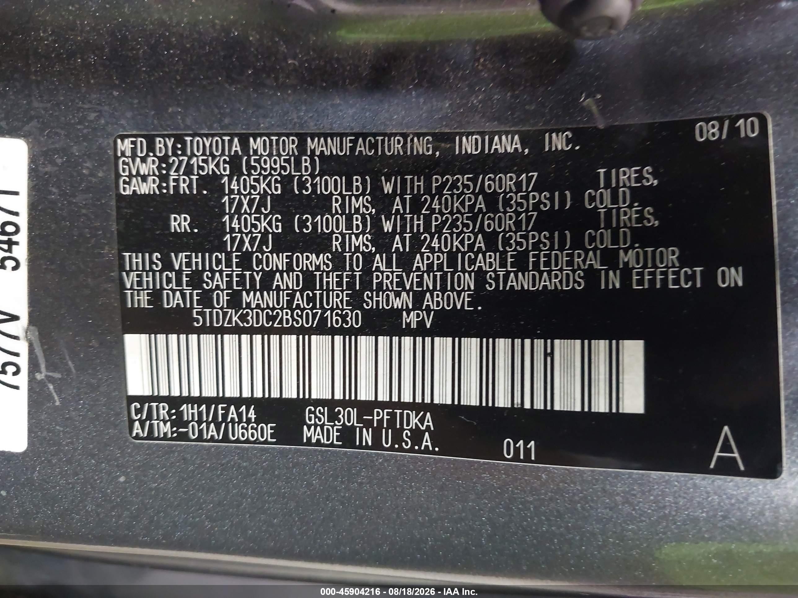 2011 Toyota Sienna Base V6 Gray vin: 5TDZK3DC2BS071630